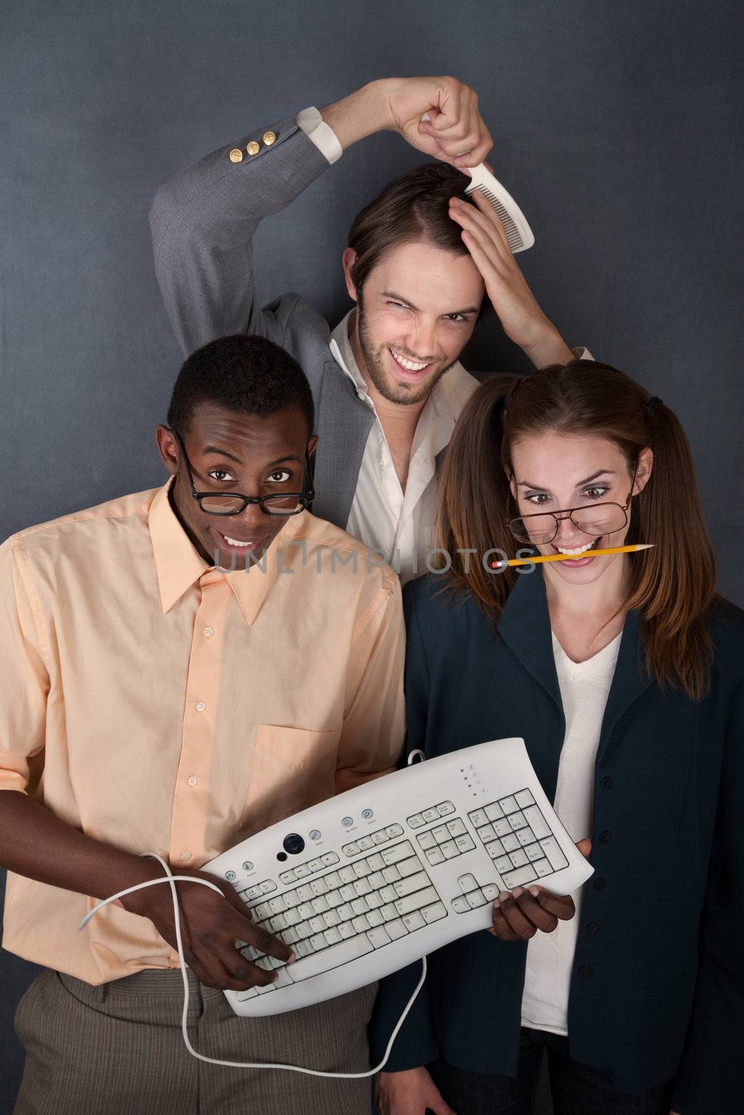 Computer geek, salesman combing his hair and a cross-eyed nerd