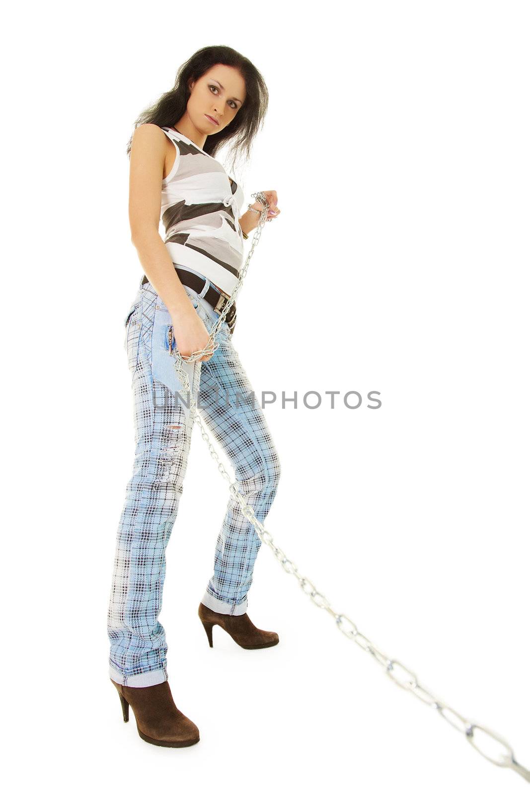 A young woman walks on a chain your dog on white background