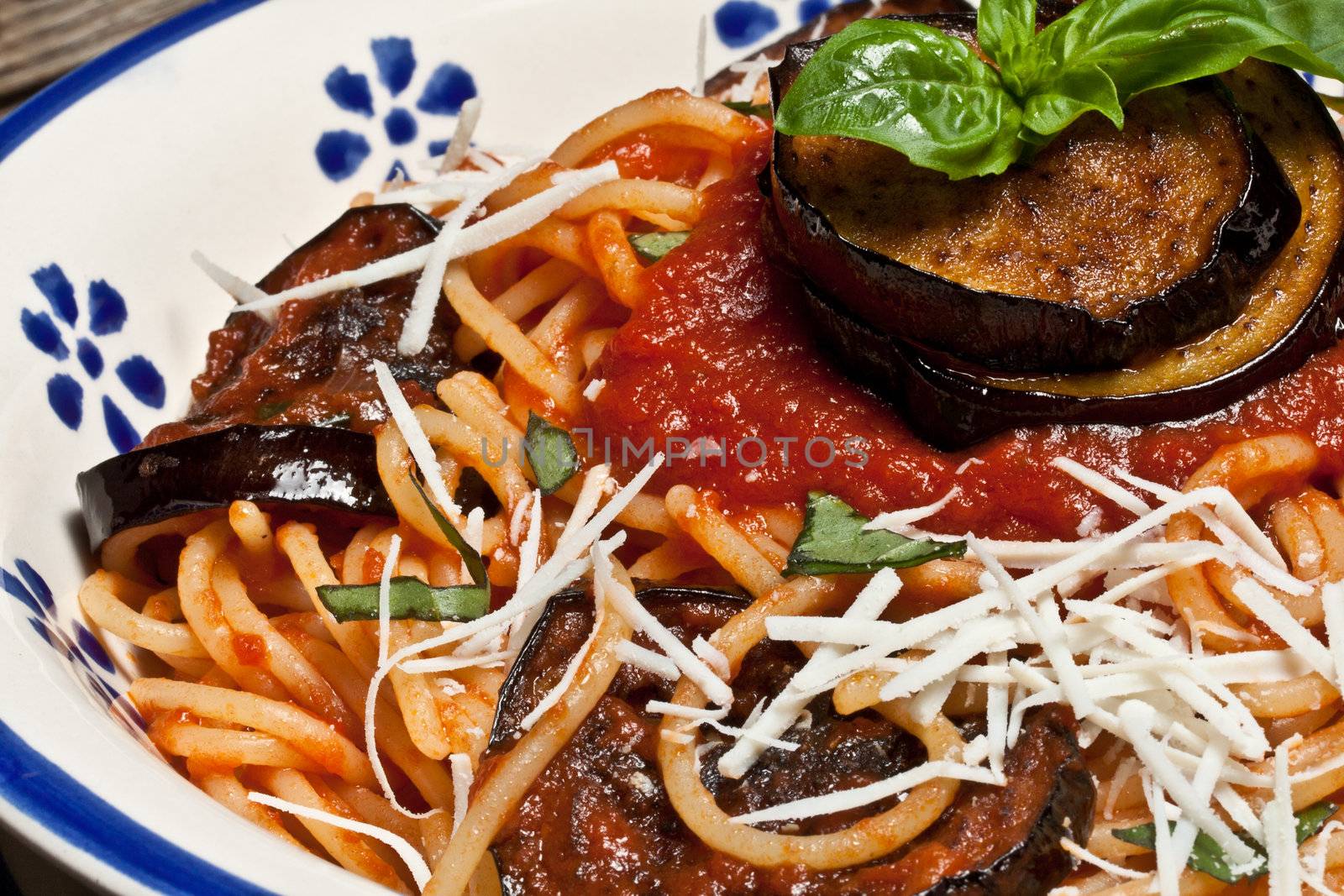 Italian Pasta Norma with tomato,ricotta cheese and eggplants