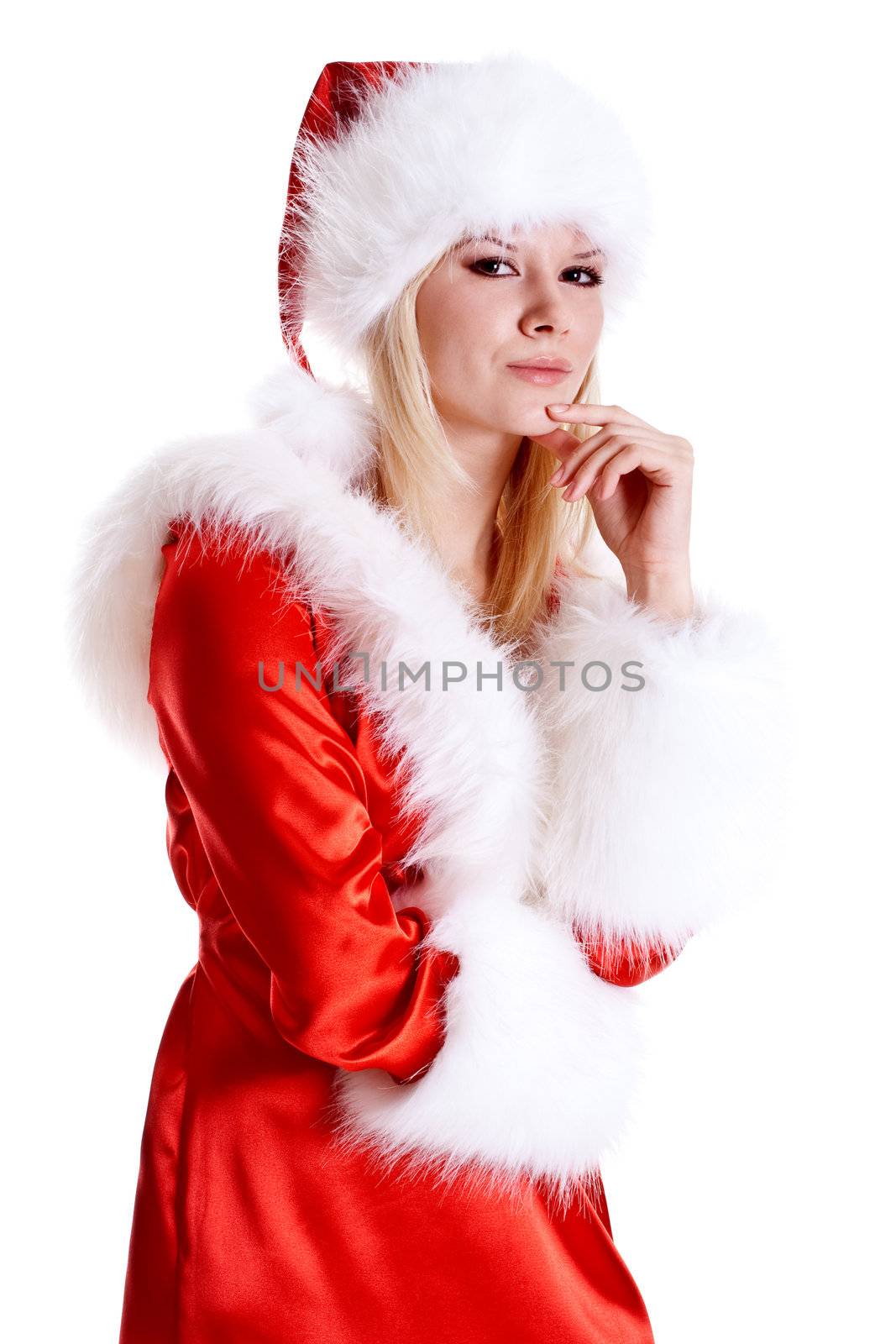 beautiful woman wearing santa claus clothes on a white background