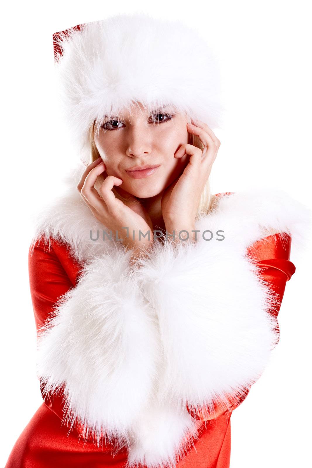 beautiful woman wearing santa claus clothes on a white background