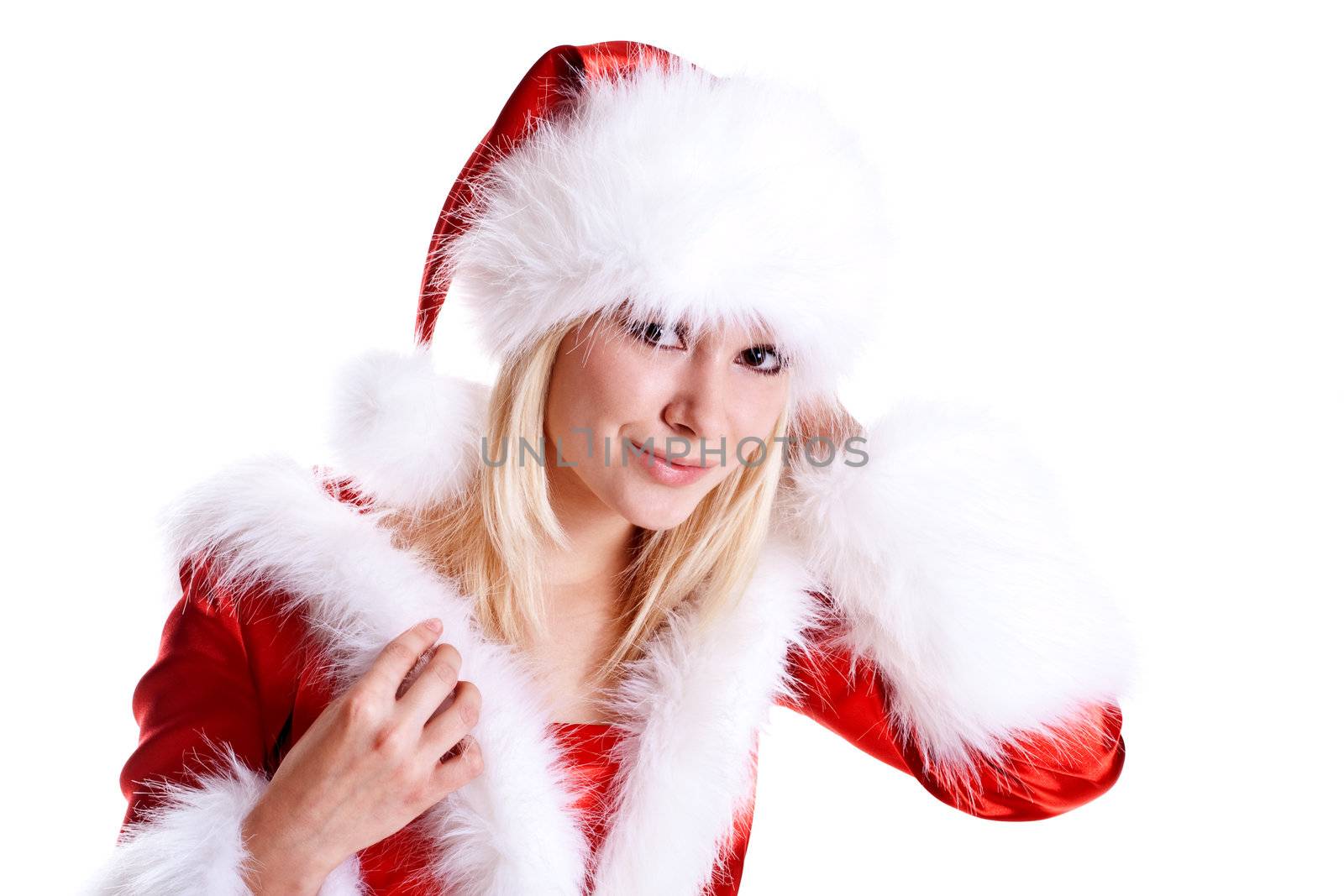 beautiful woman wearing santa claus clothes on a white background