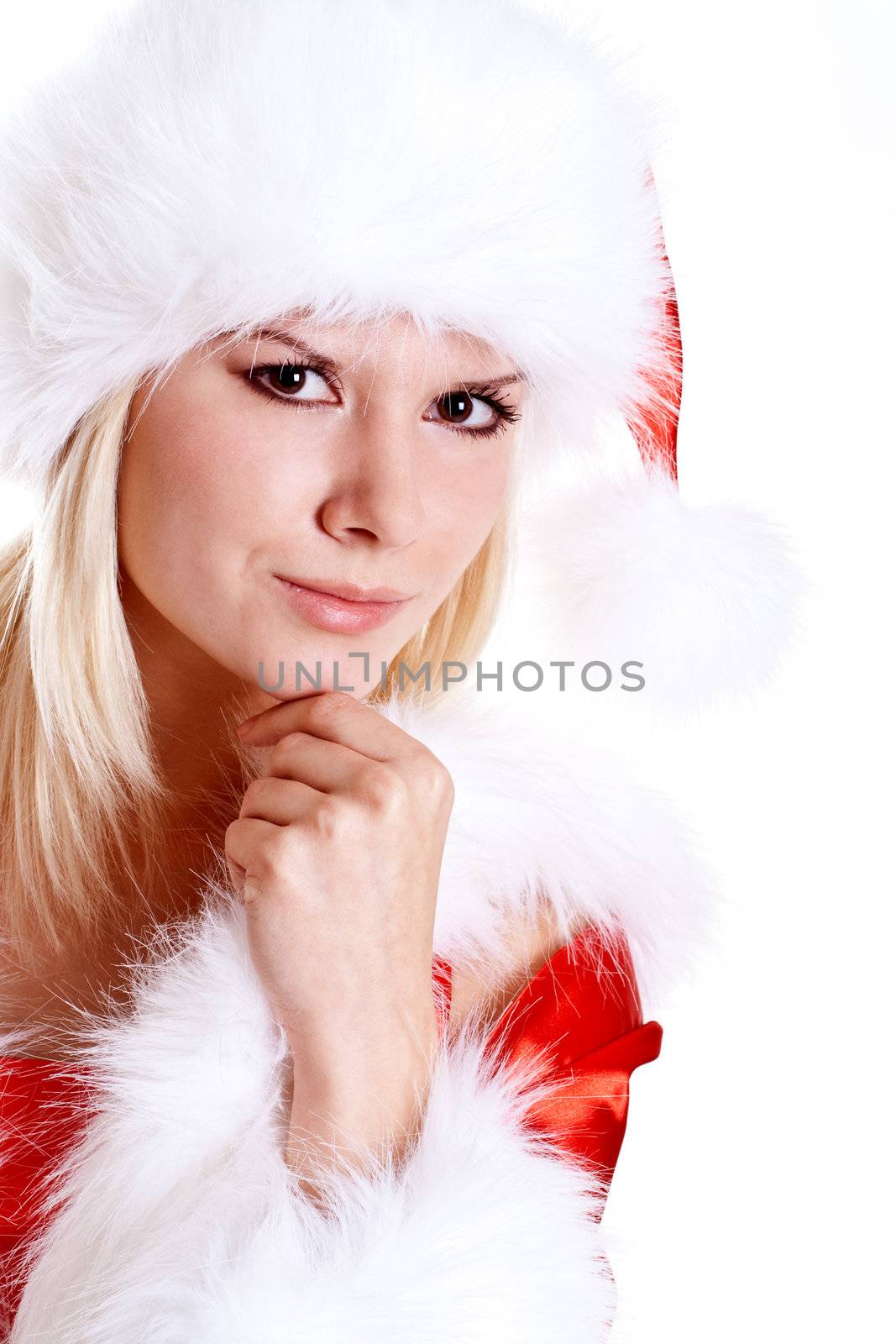 beautiful woman wearing santa claus clothes on a white background