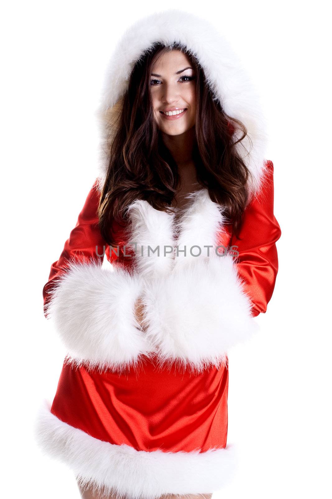 beautiful woman wearing santa claus clothes on a white background