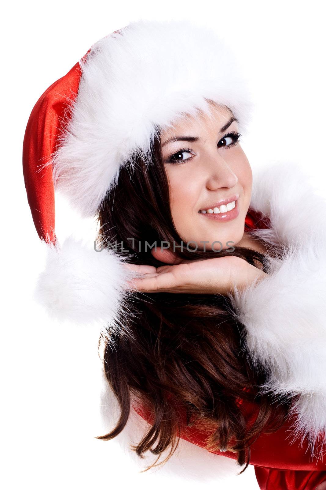 beautiful woman wearing santa claus clothes on a white background