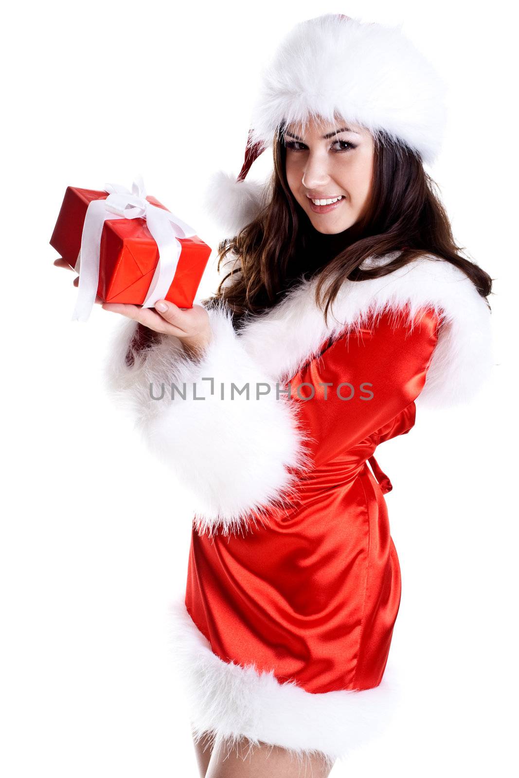 beautiful woman with holiday gift on a white background