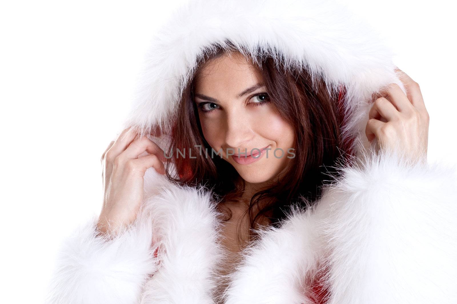 beautiful woman wearing santa claus clothes on a white background