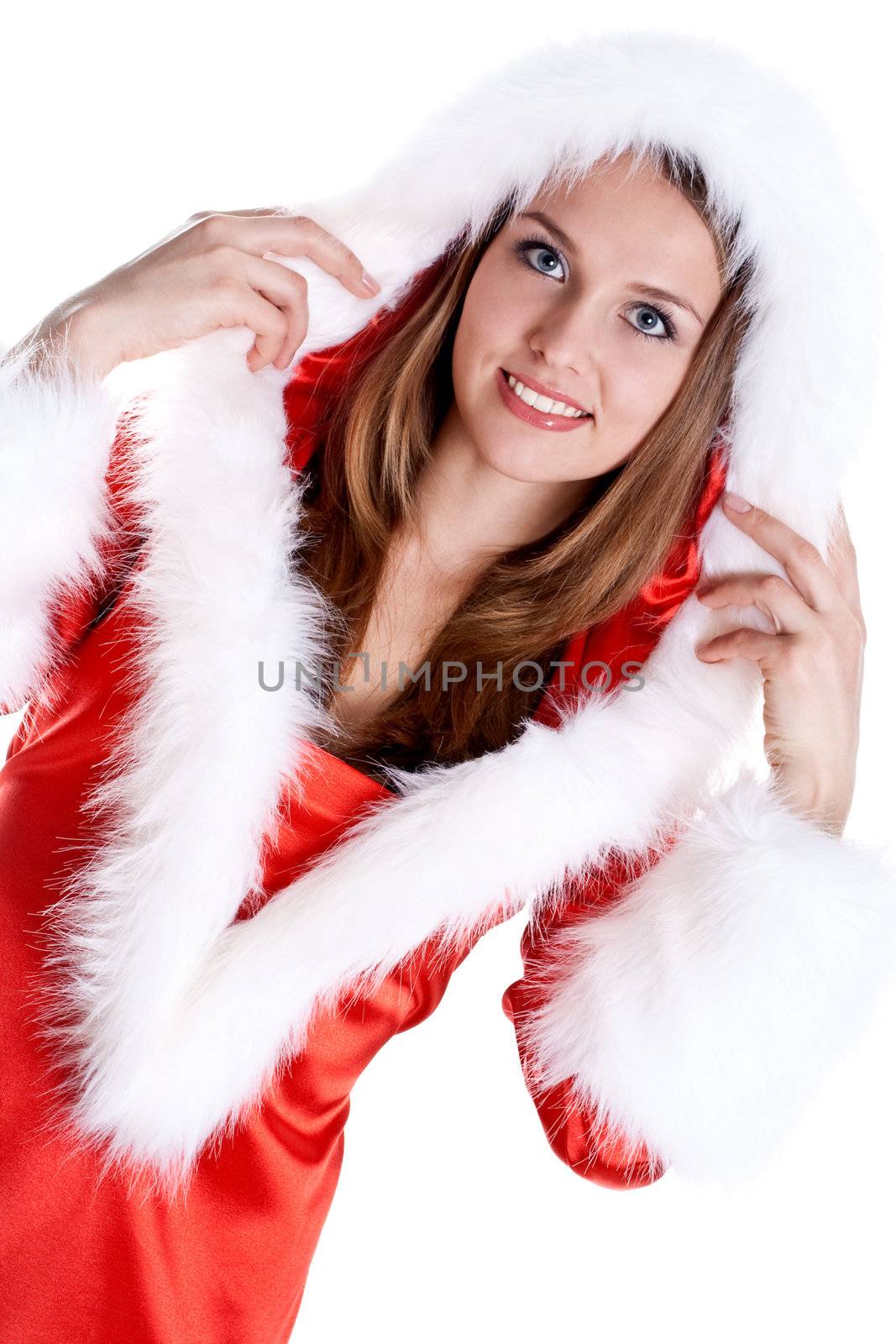 beautiful woman wearing santa claus clothes on a white background