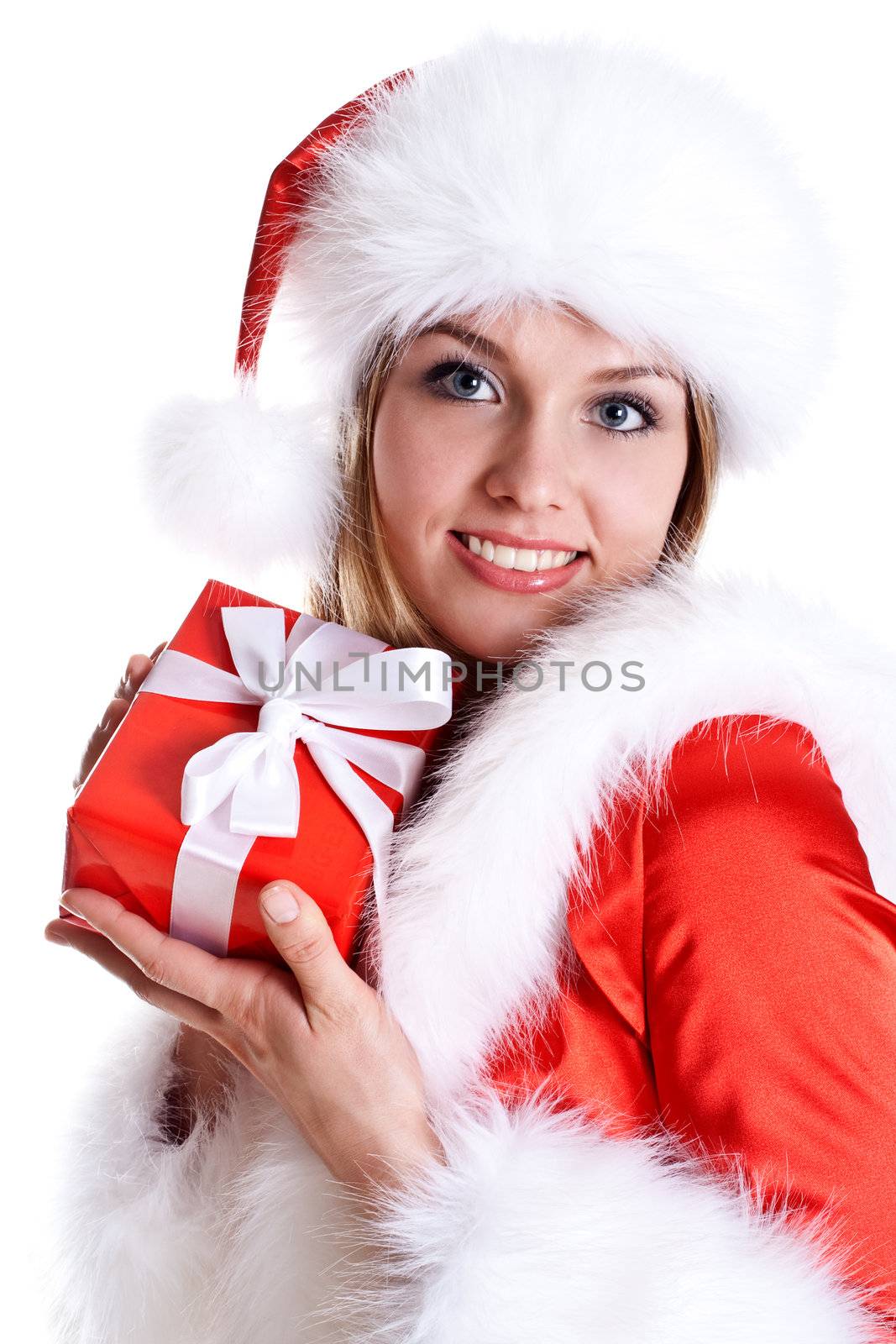 beautiful woman with holiday gift on a white background