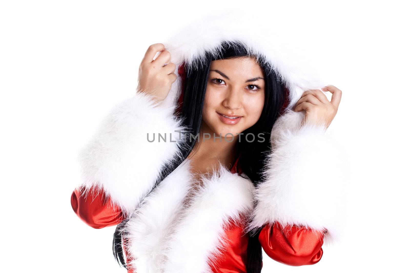 beautiful woman wearing santa claus clothes on a white background