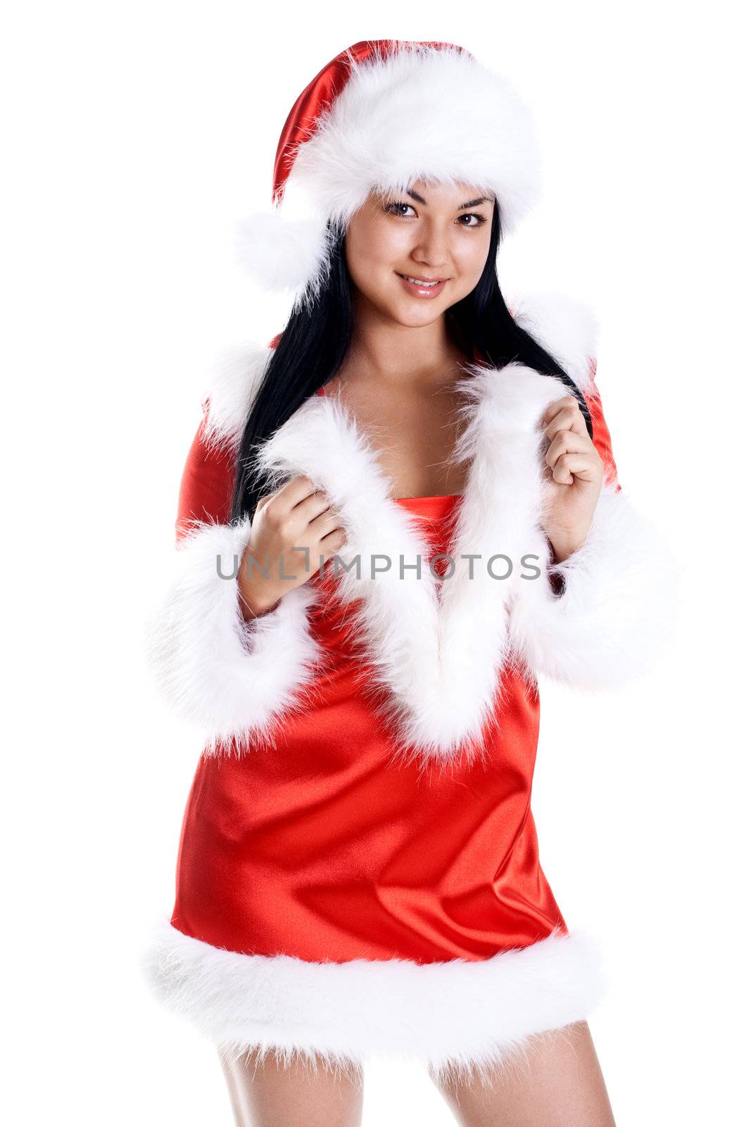 beautiful woman wearing santa claus clothes on a white background