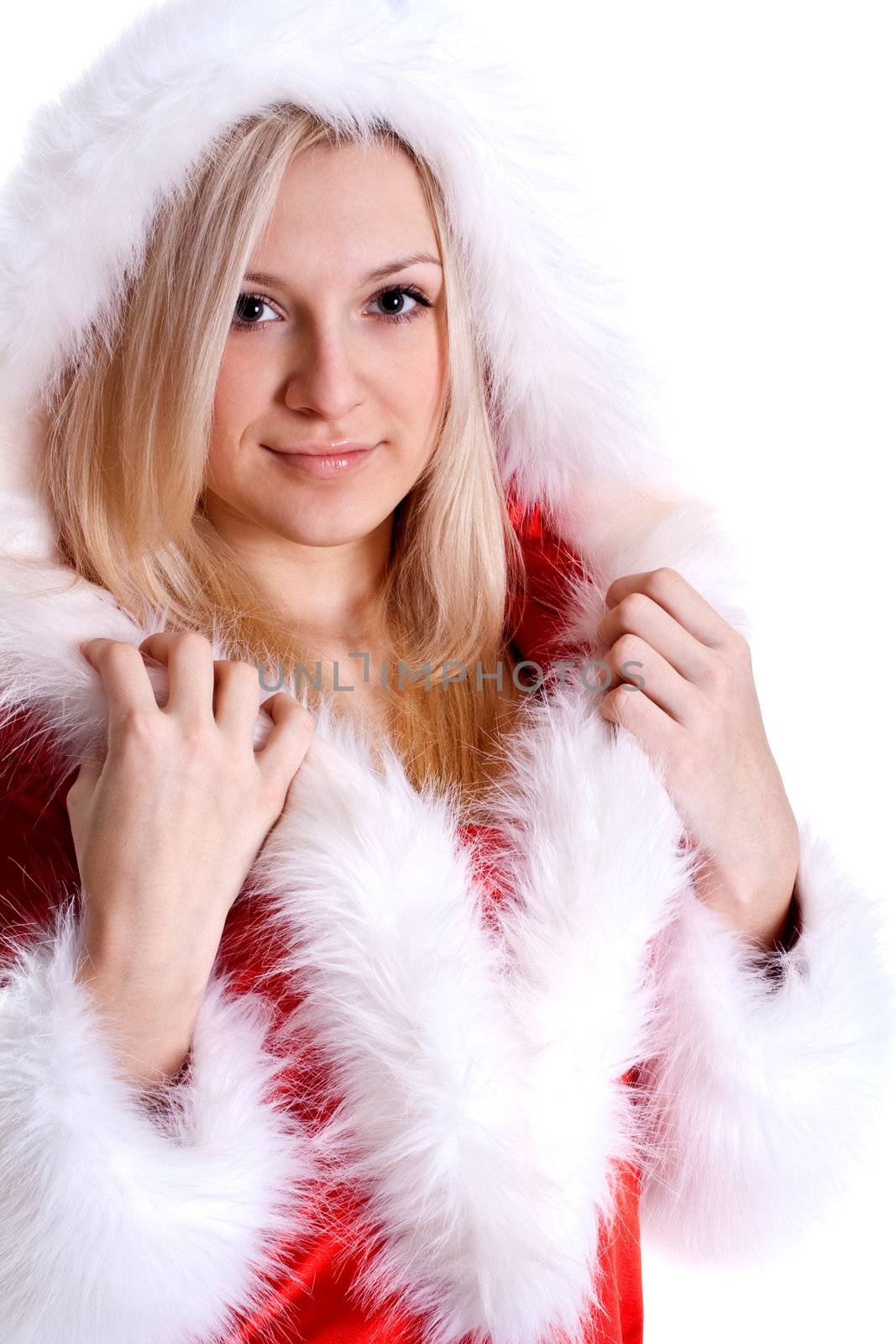 beautiful woman wearing santa claus clothes on a white background