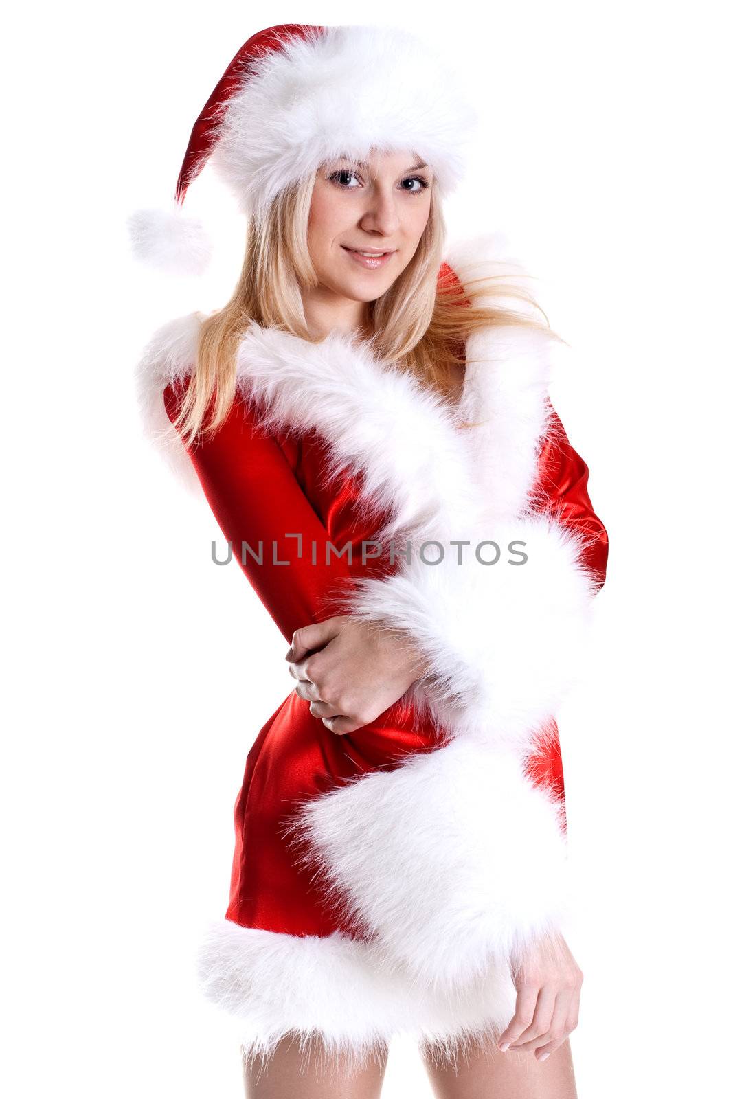 beautiful woman wearing santa claus clothes on a white background