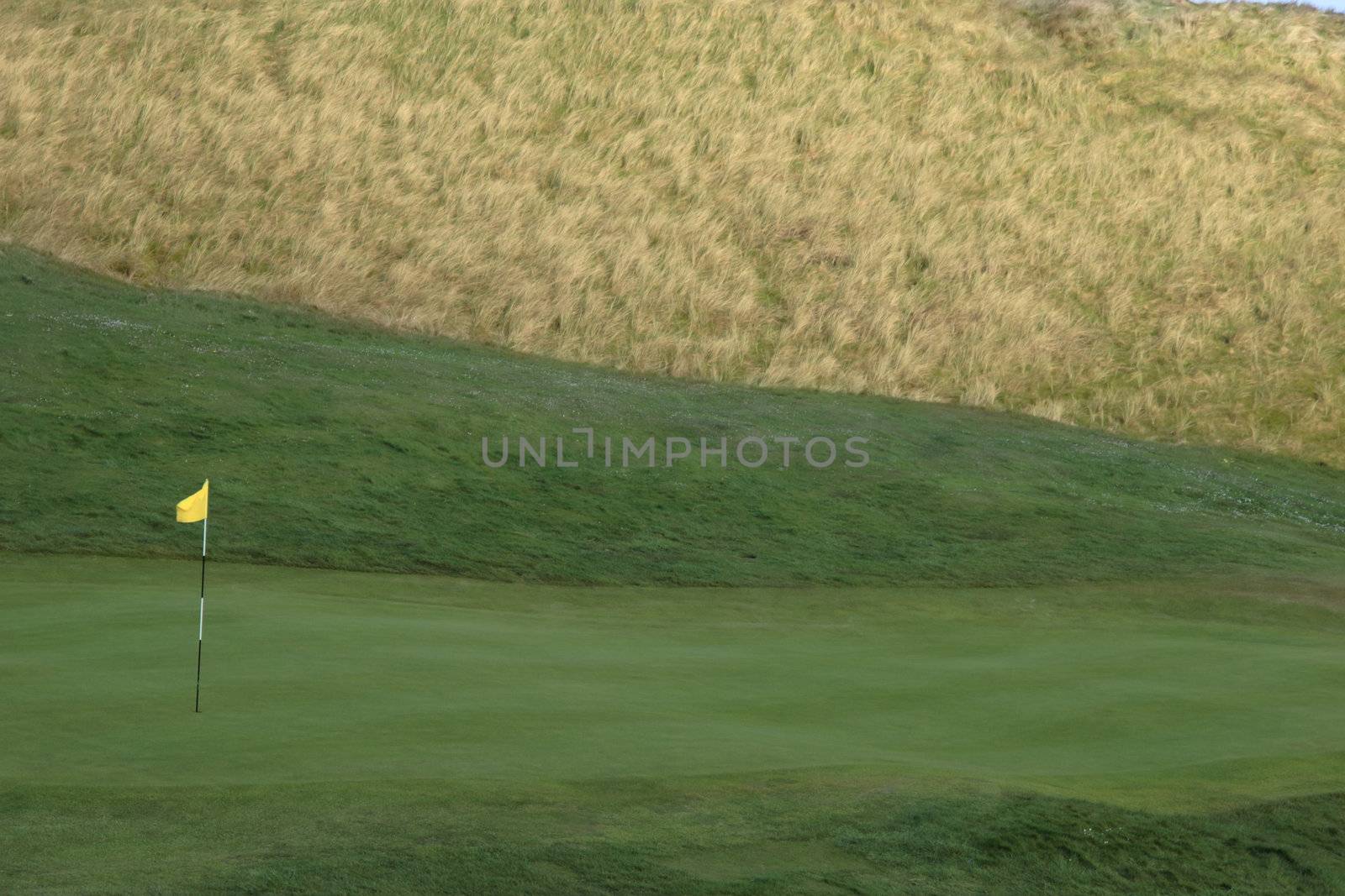 a flag waving on a hole on a golf course in ireland