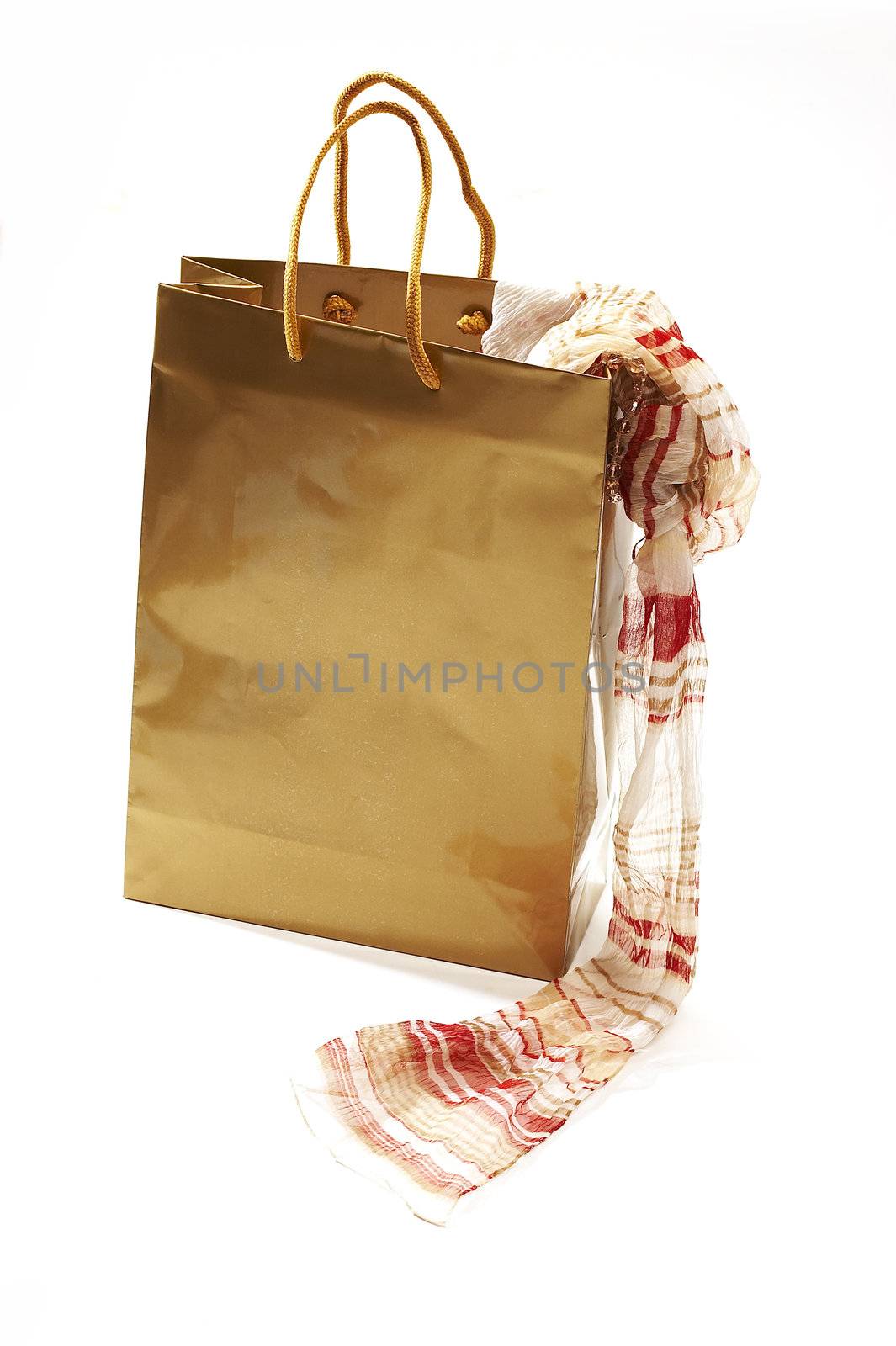 isolated still life: golden paper bag with lightweight neck-piece