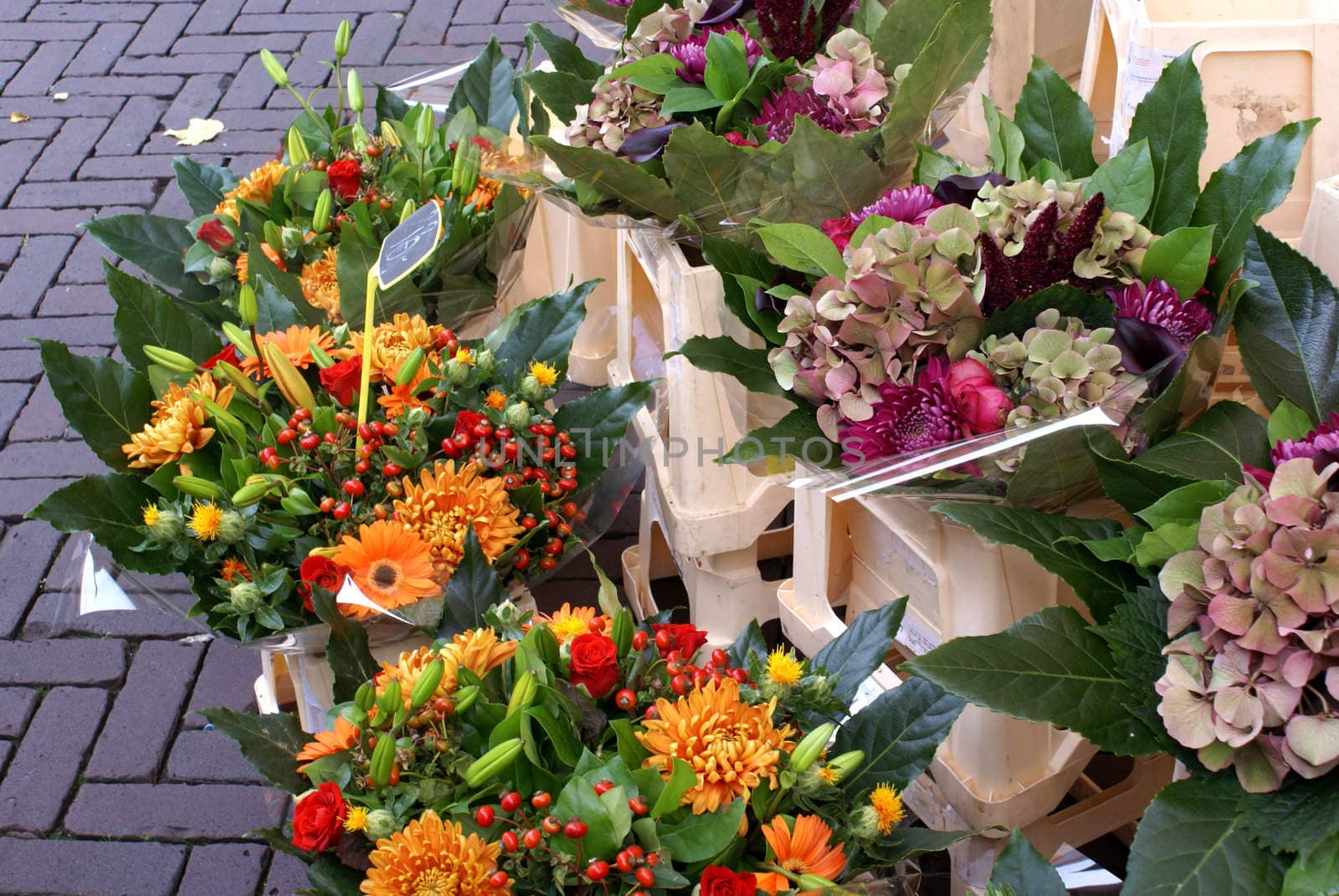 Different bouquets of flowers on the market.