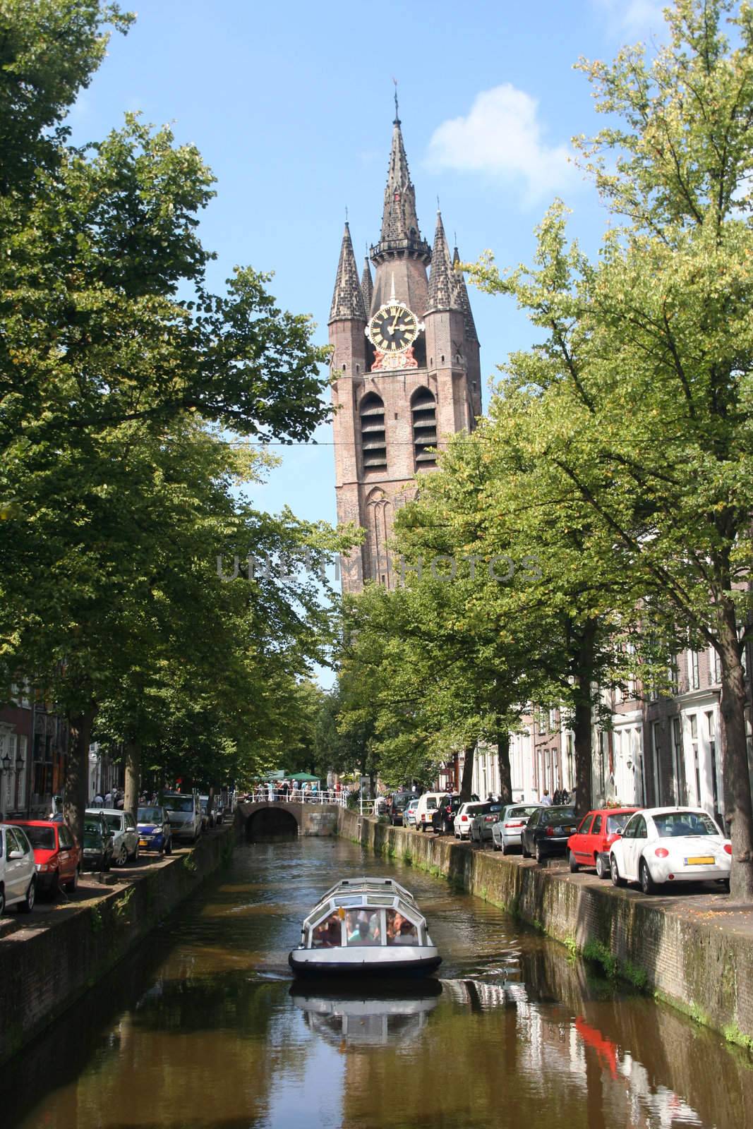 The old leaning church tower of Delft, Holland