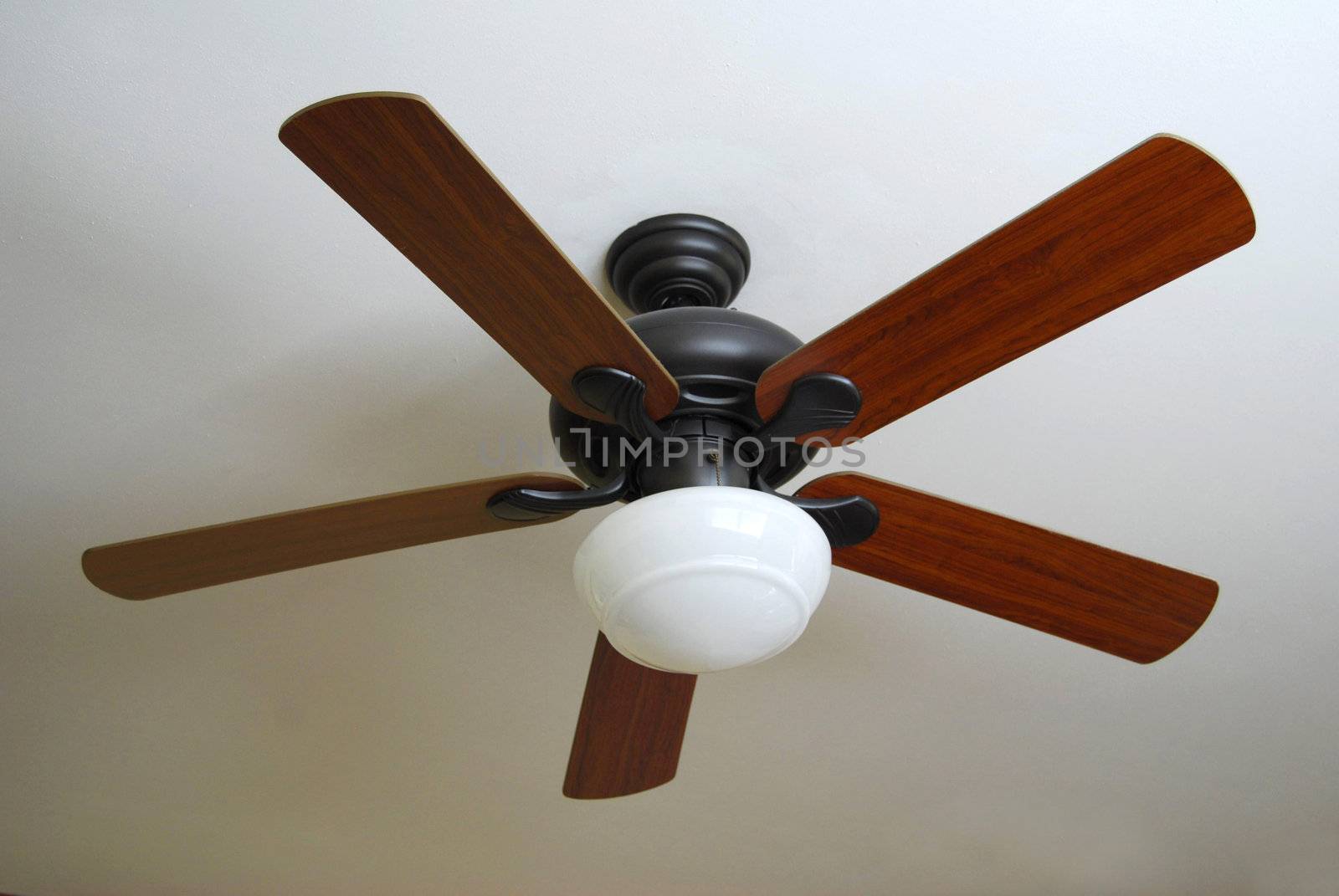 A modern ceiling fan, installed on a textured white ceiling.