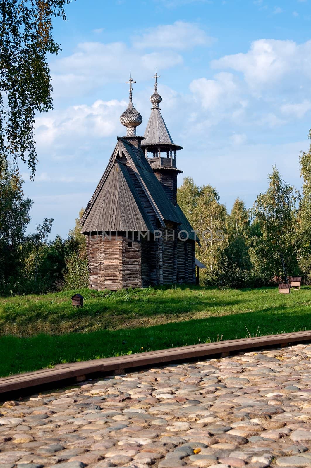 Ancient wooden church in a museum of wooden architecture in the city of Kostroma

