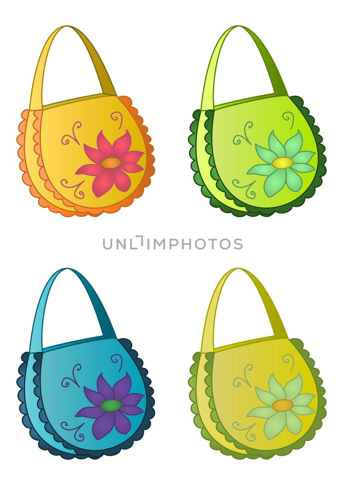 Female multi-coloured handbags with a flower pattern, set