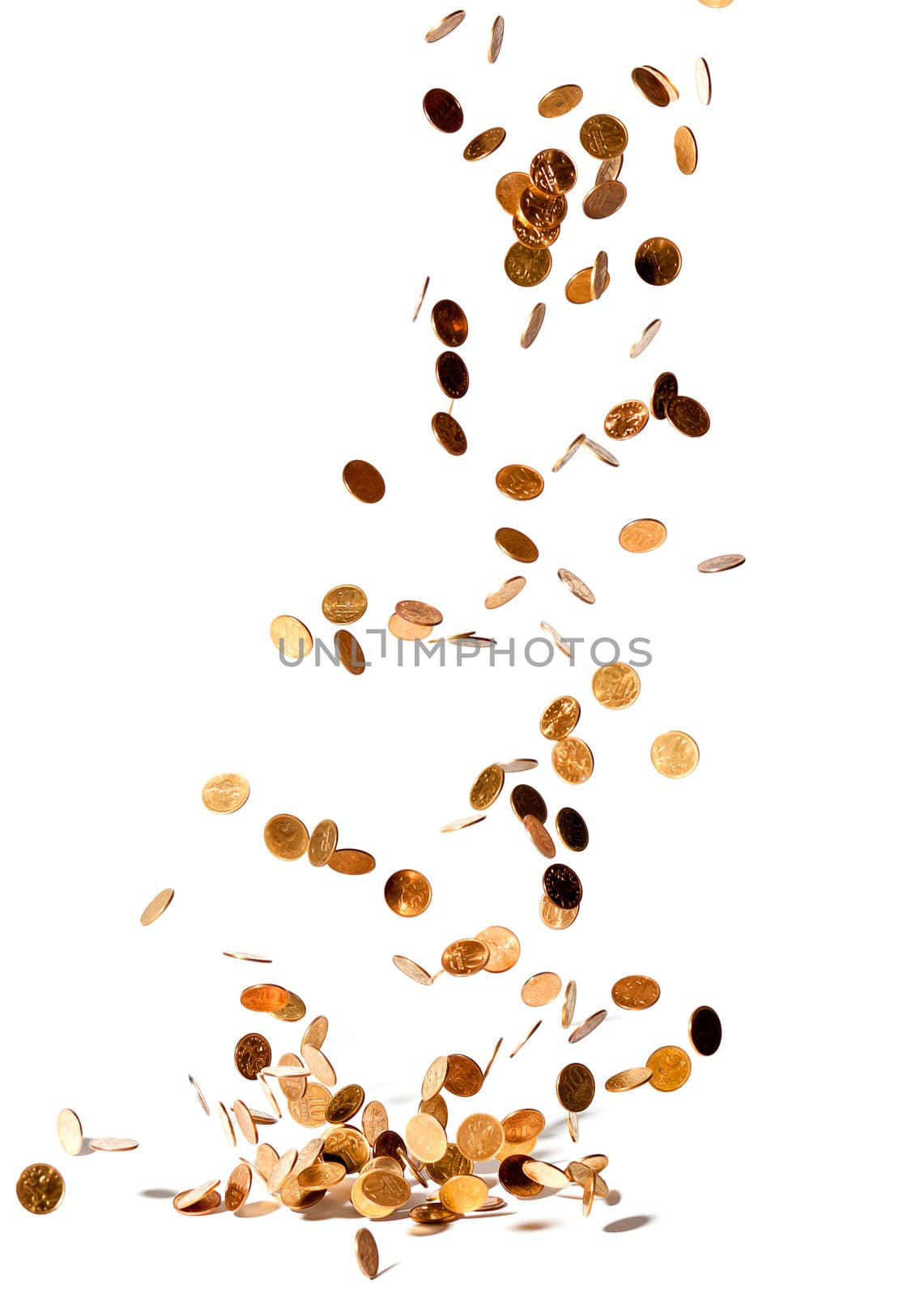 photo of coins falling on white background