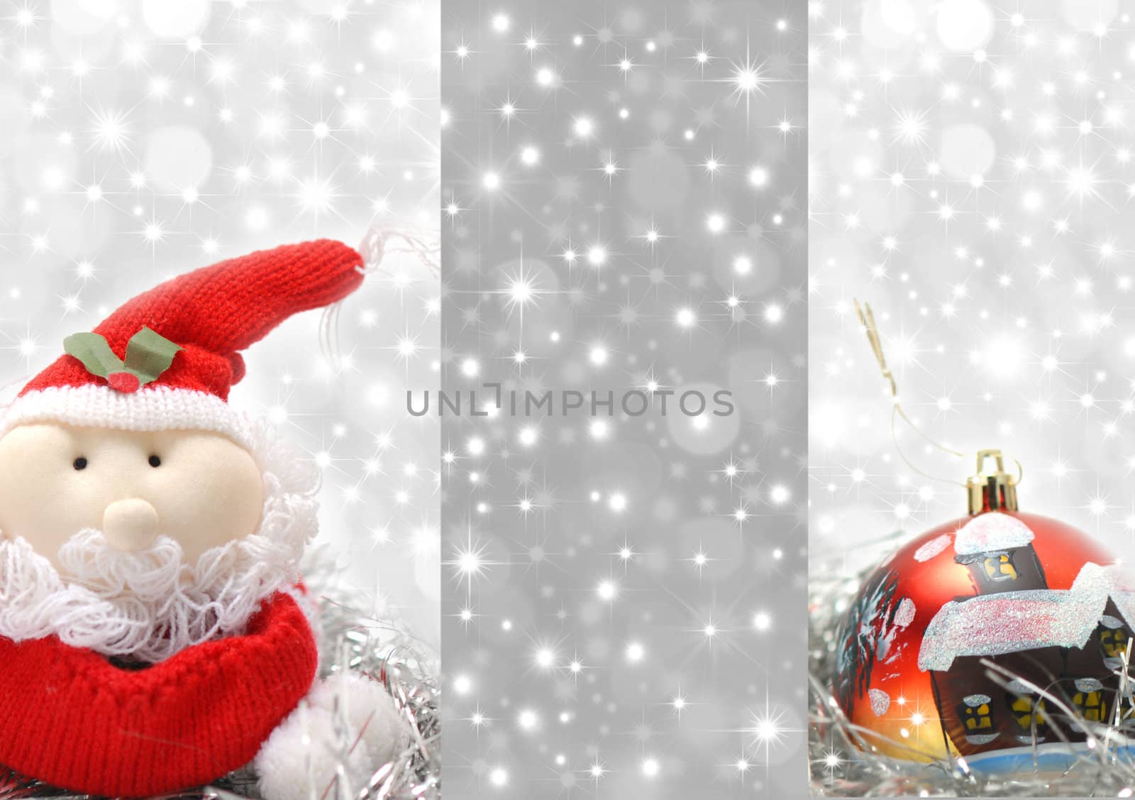 Christmas greeting card, santa composition Christmas ornament and silver background