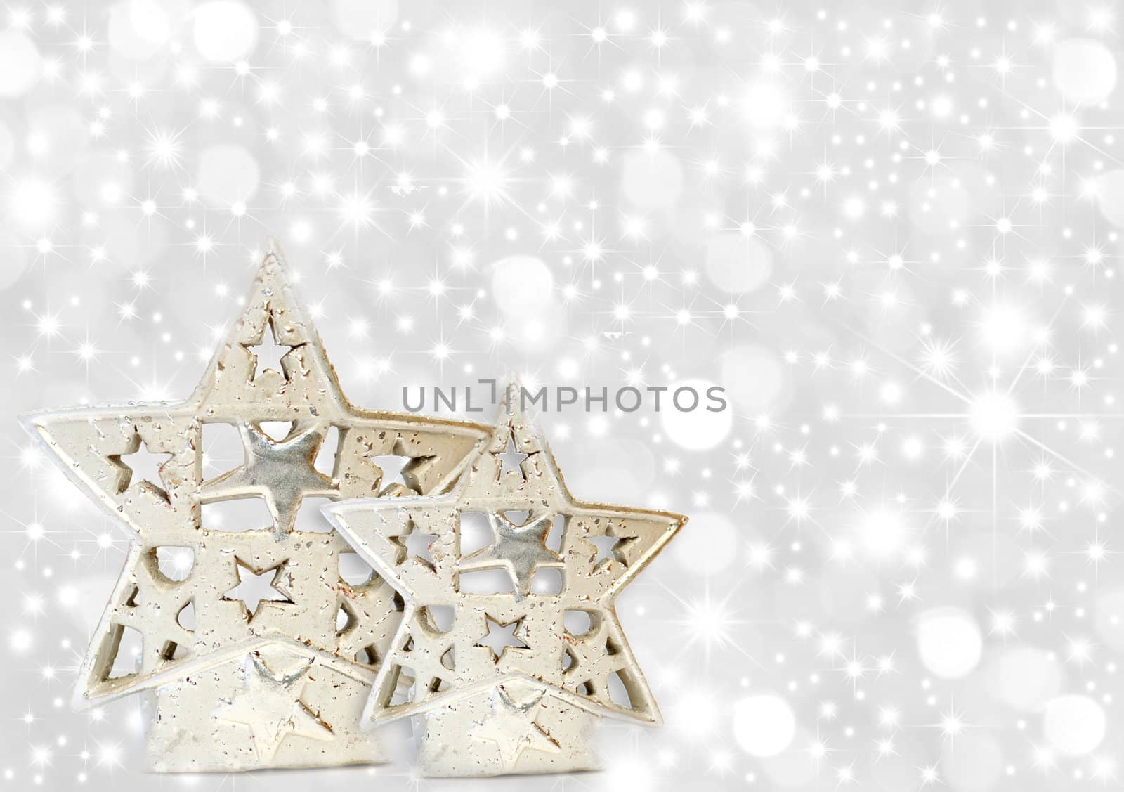 Christmas greeting card two silver stars on starry background