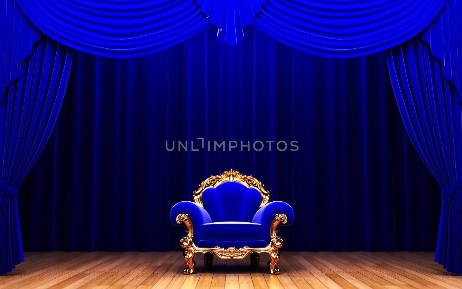 blue velvet curtain and chair by icetray