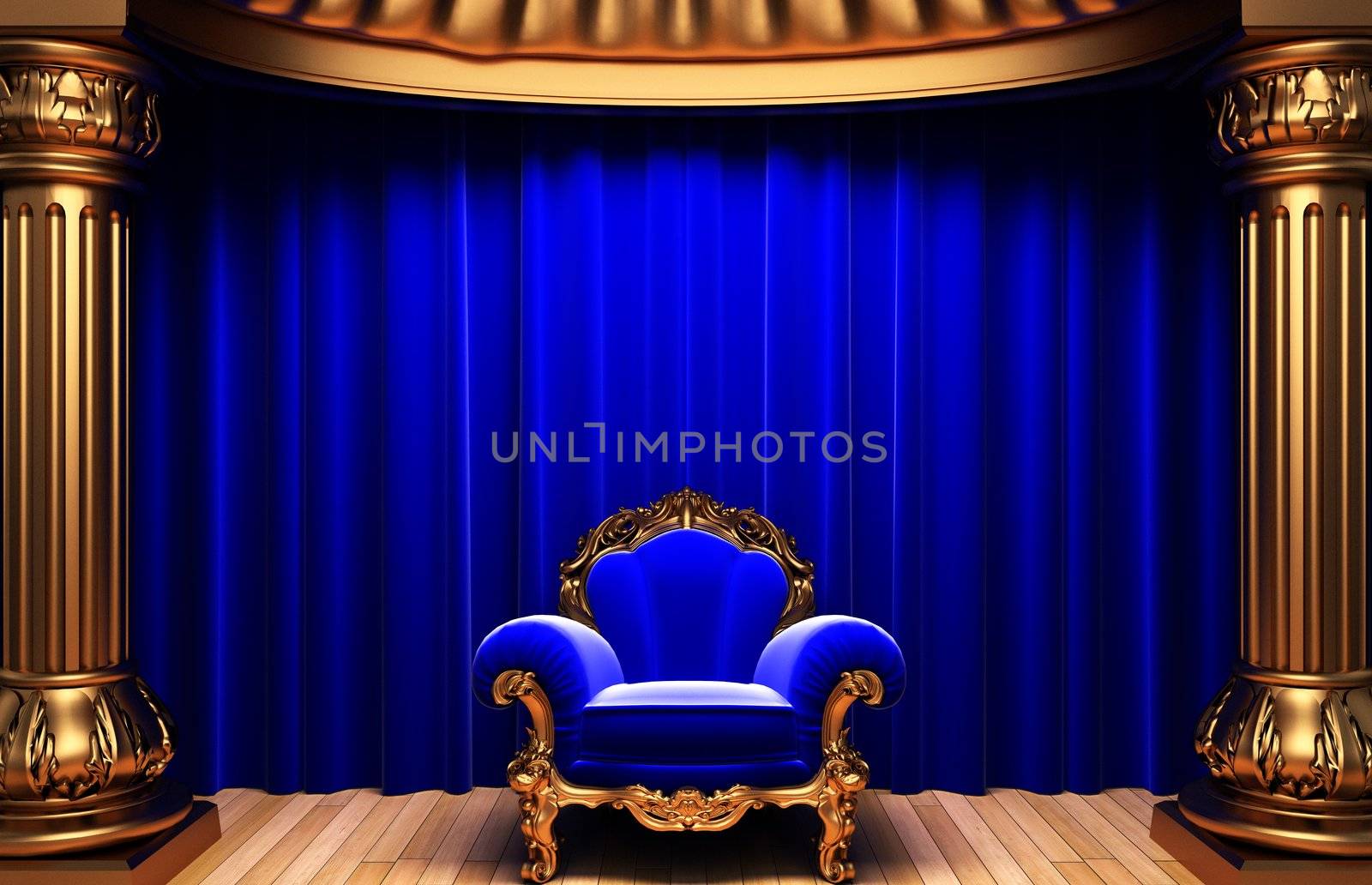 blue velvet curtains, gold columns and chair made in 3d