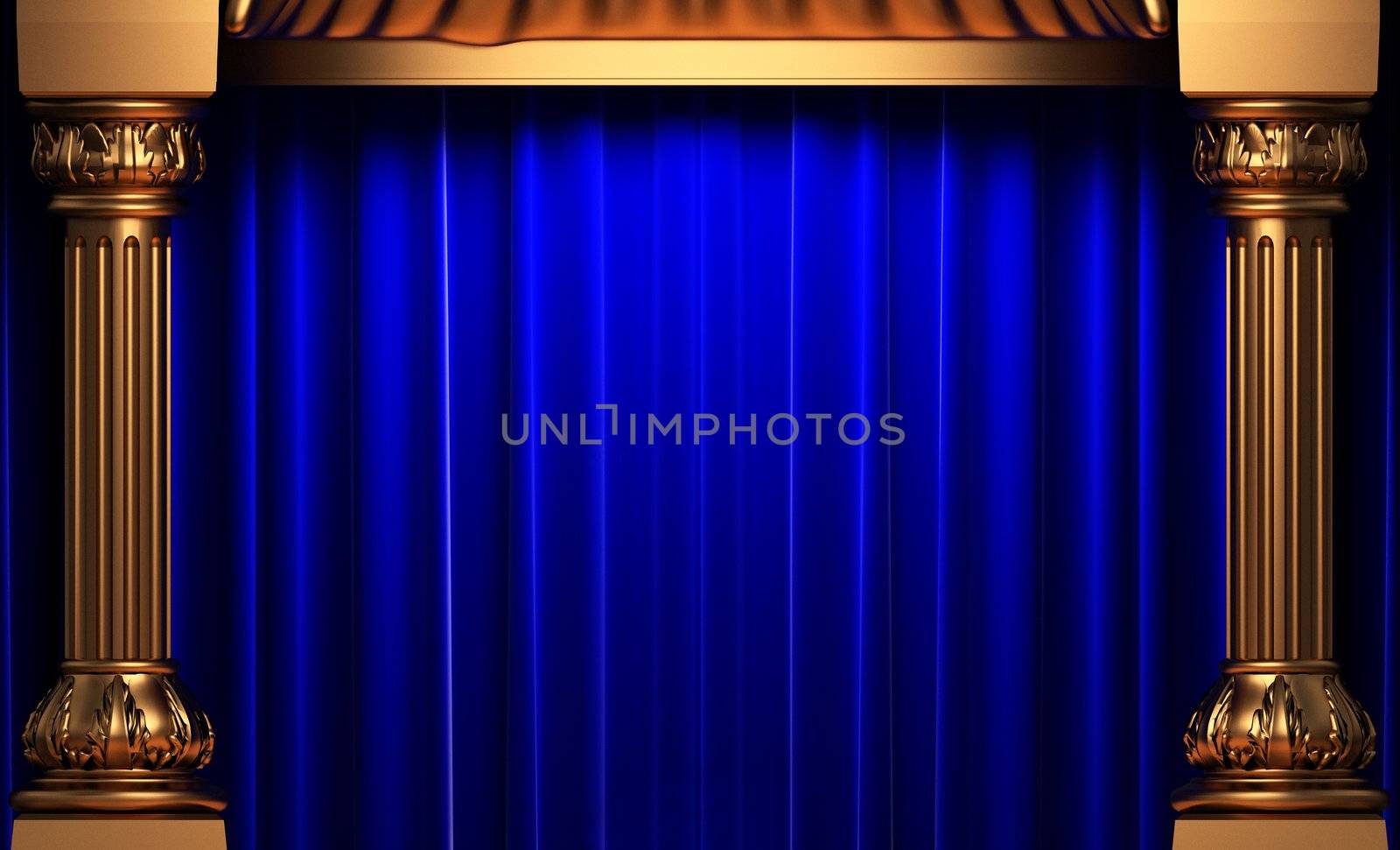 blue velvet curtains behind the gold columns by icetray