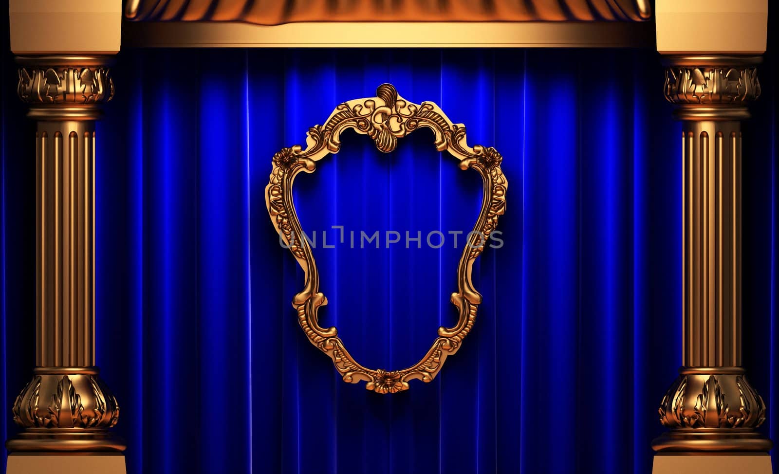 blue curtains, gold columns and frames made in 3d