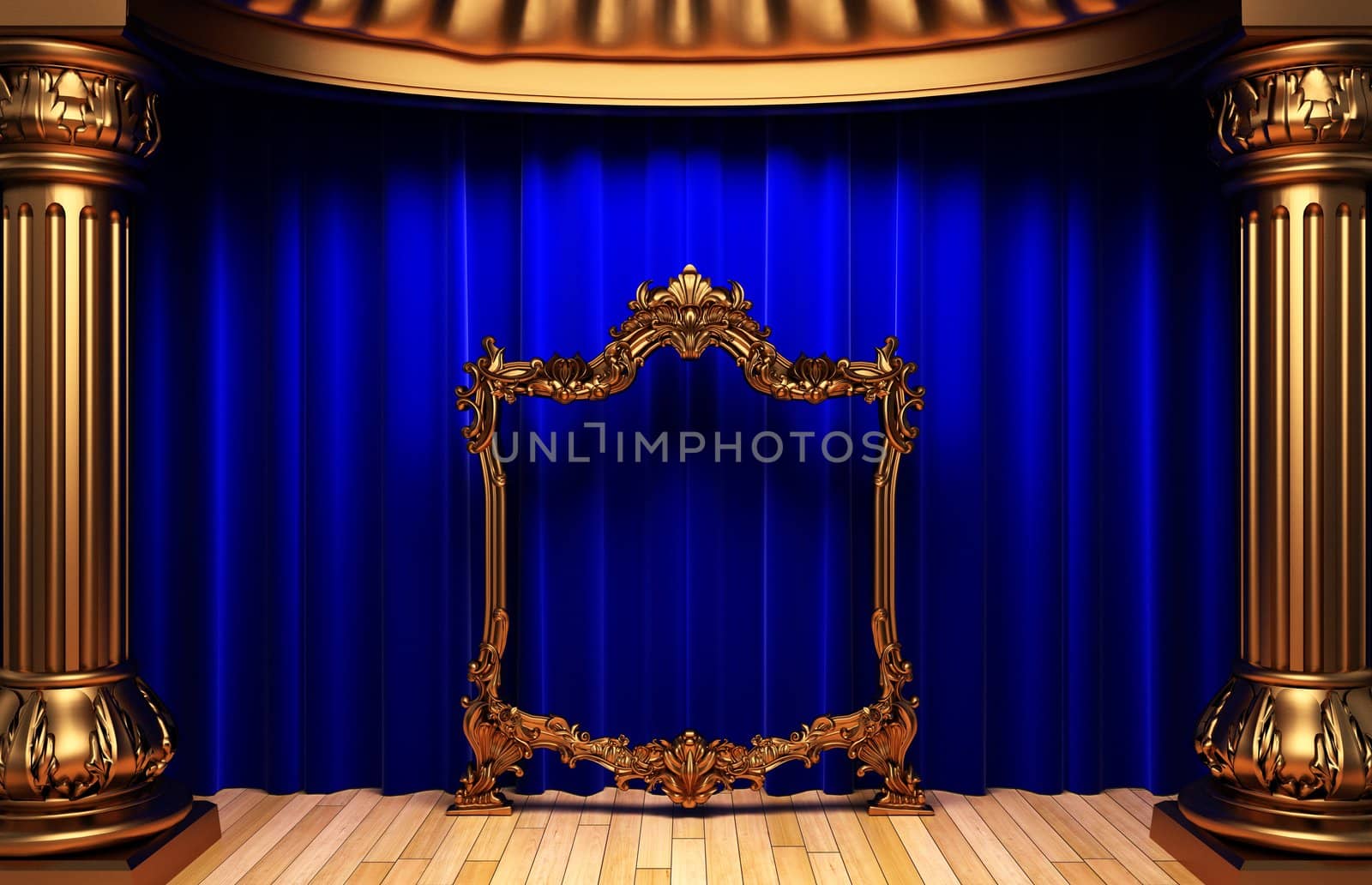 blue curtains, gold columns and frames by icetray