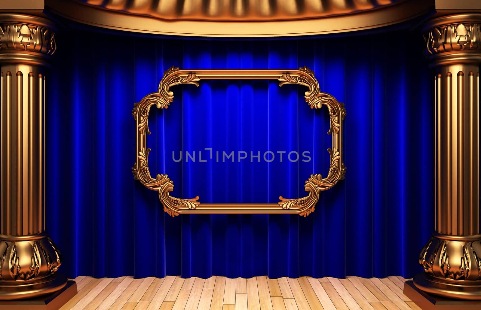 blue curtains, gold columns and frames made in 3d