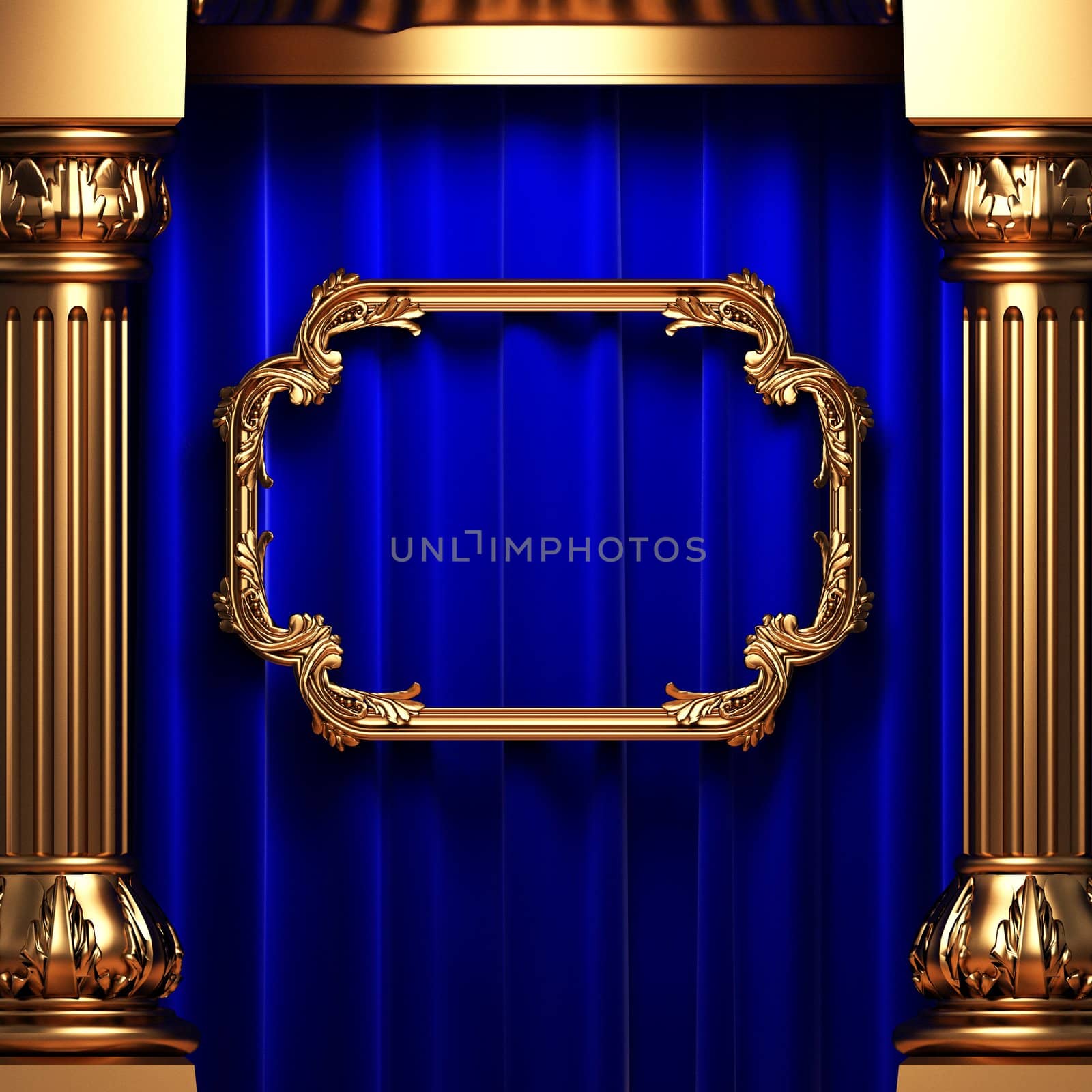 blue curtains, gold columns and frames made in 3d