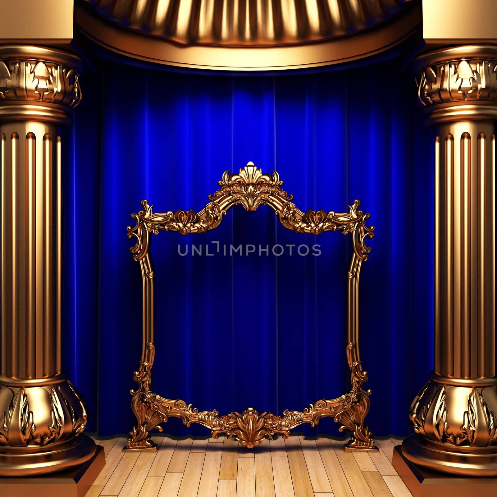 blue curtains, gold columns and frames made in 3d