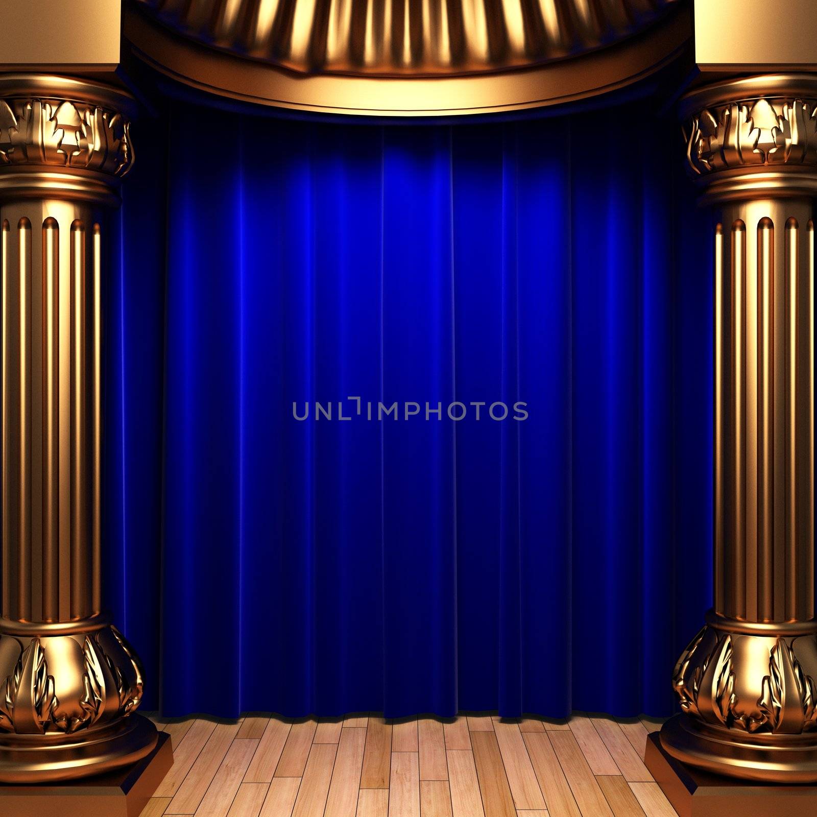 blue velvet curtains behind the gold columns made in 3d