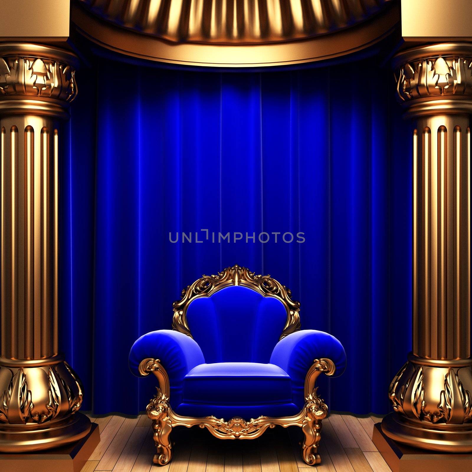 blue velvet curtains, gold columns and chair by icetray