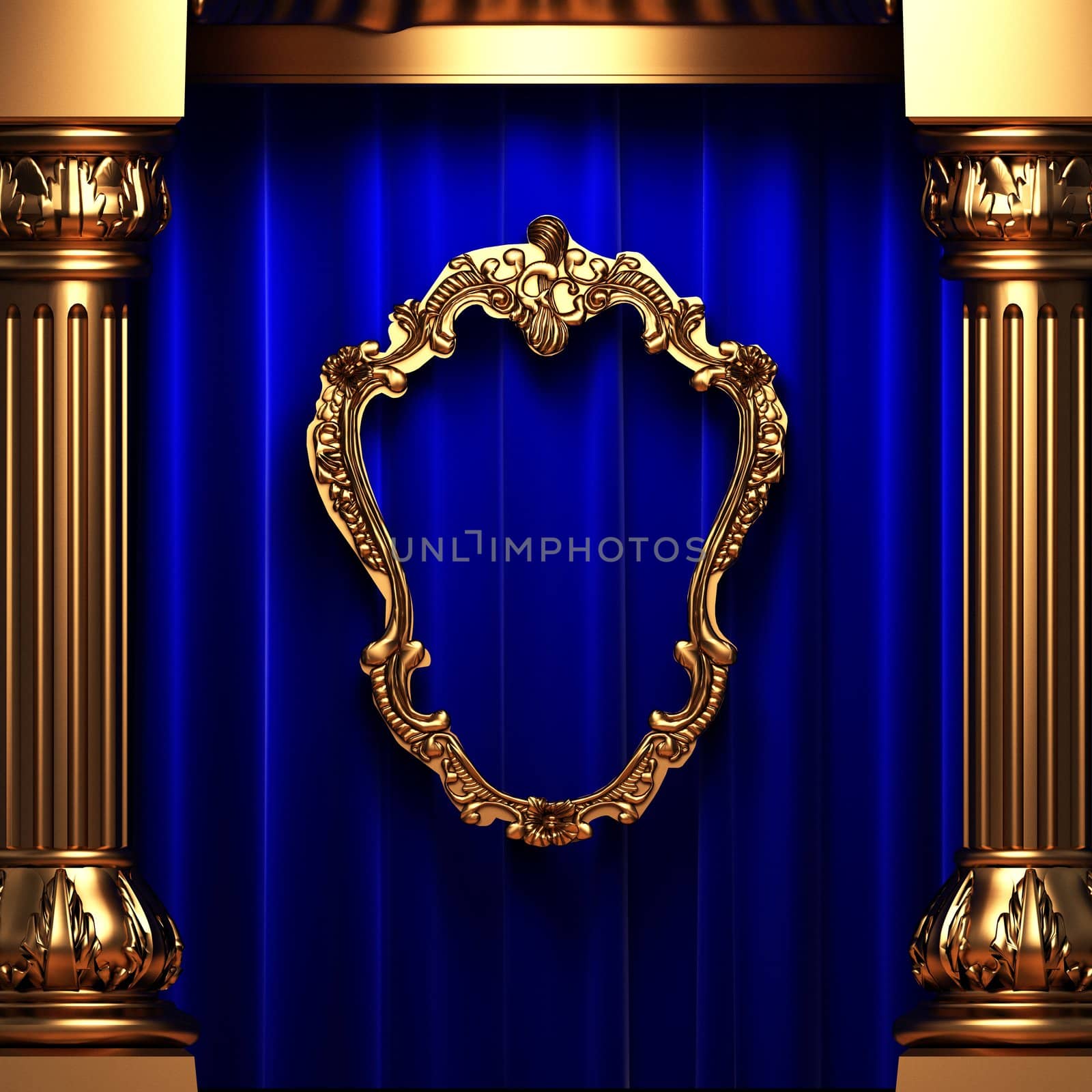 blue curtains, gold columns and frames by icetray