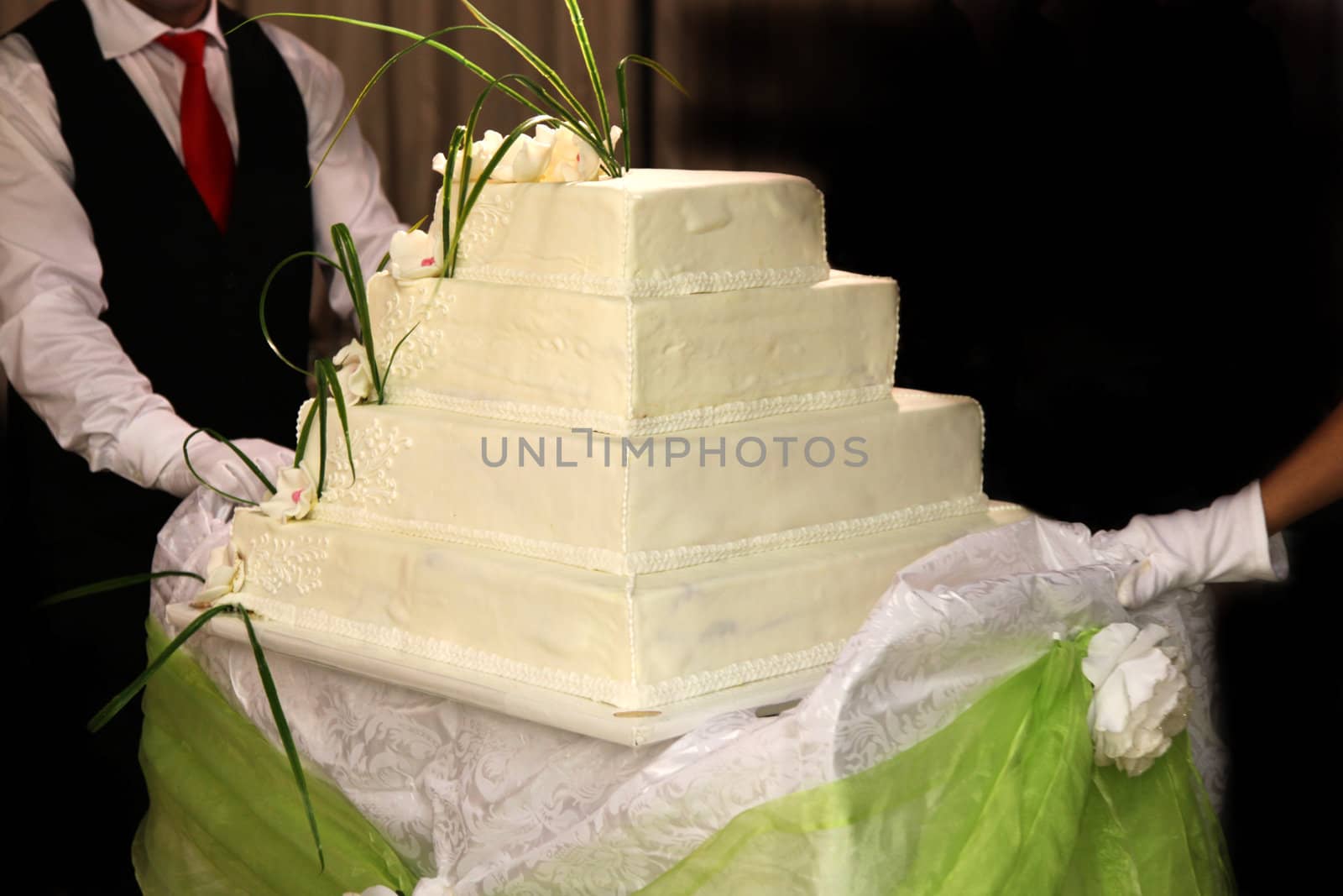 Wedding cake or birthday cake is served - are two waiters in the picture