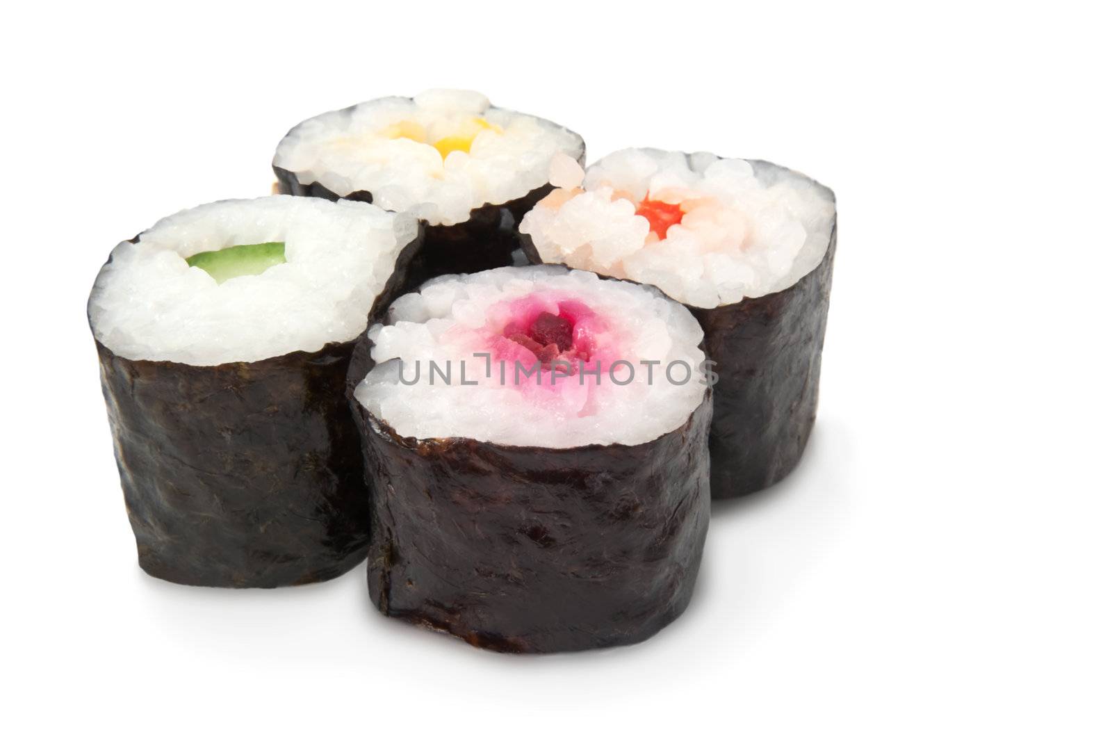 Four fresh Maki rolls arranged over white