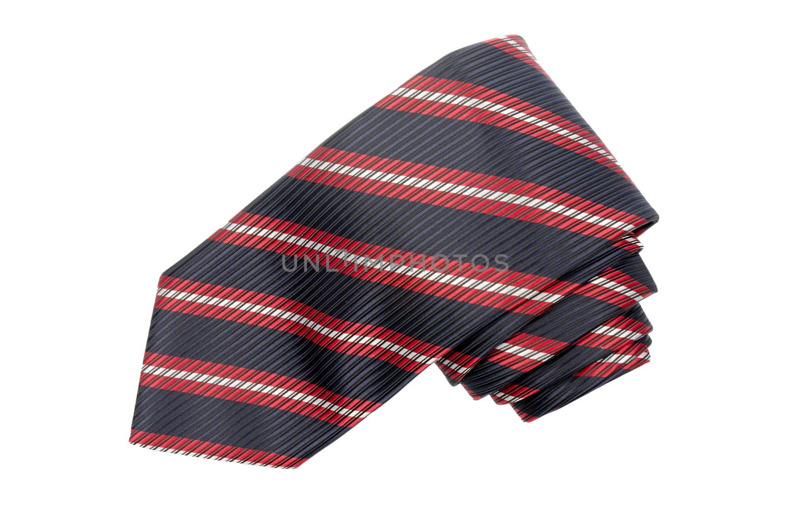 Striped red, white and blue tie isolated on white background.