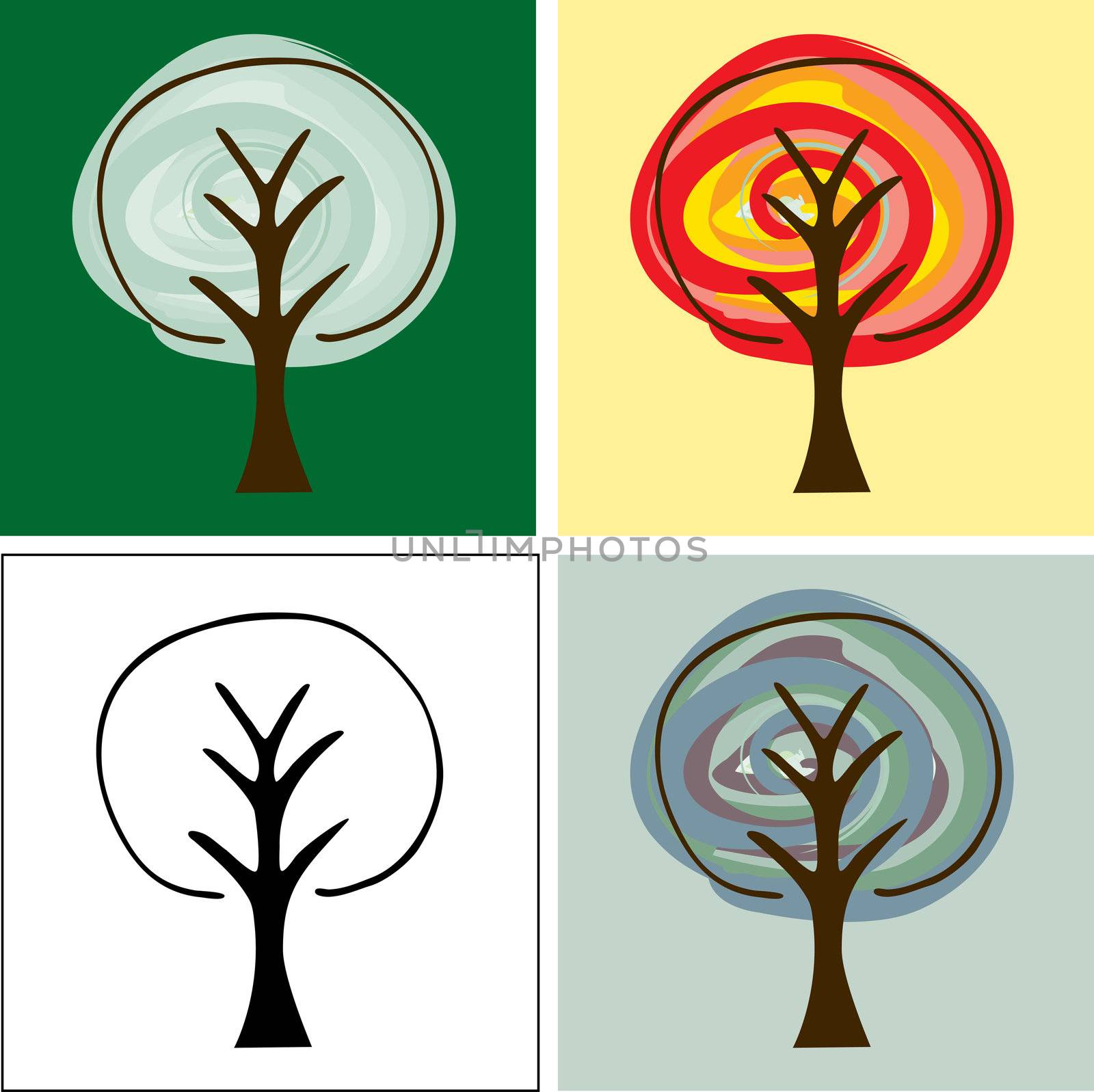 Set of four abstract tree illustrations for backgrounds, logos or icons