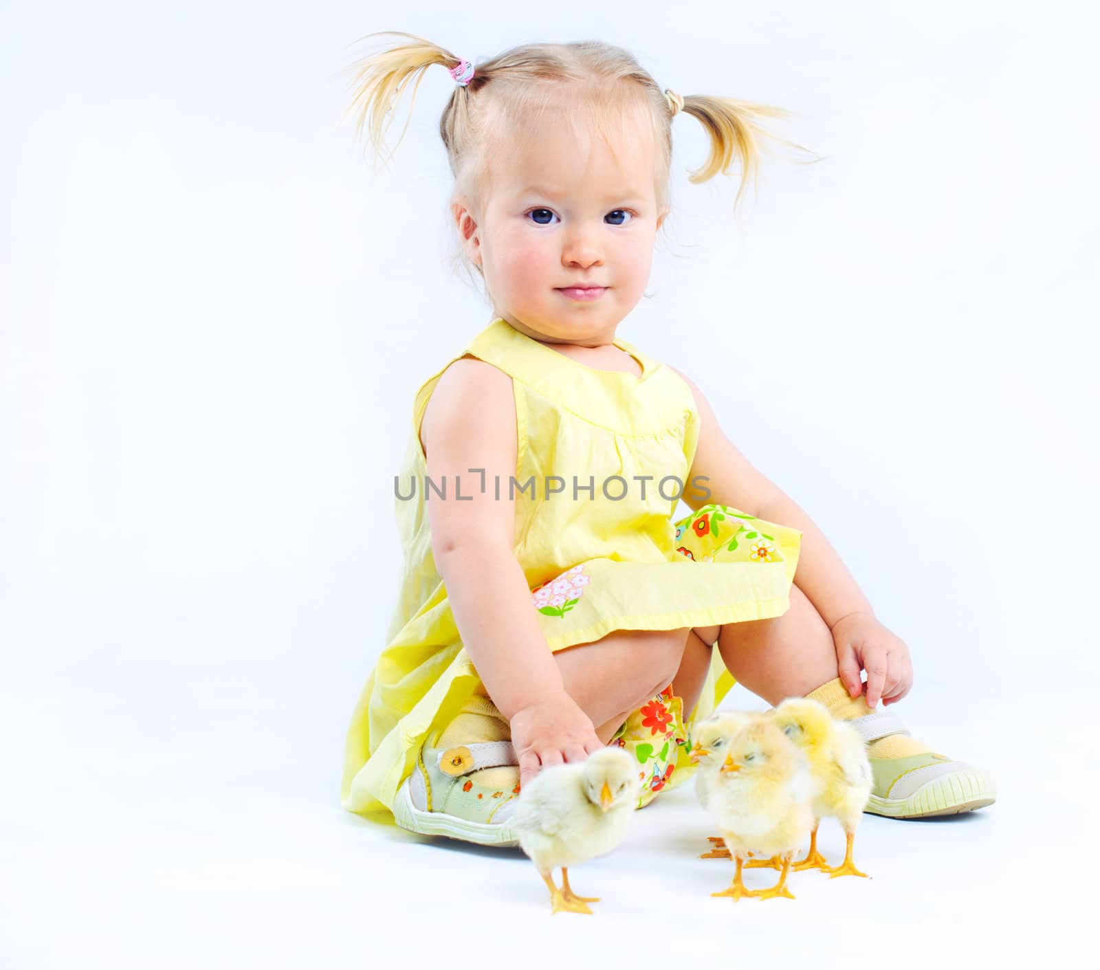Cute little baby girl in a yellow dress with really live chickens. In the studio. Isolated