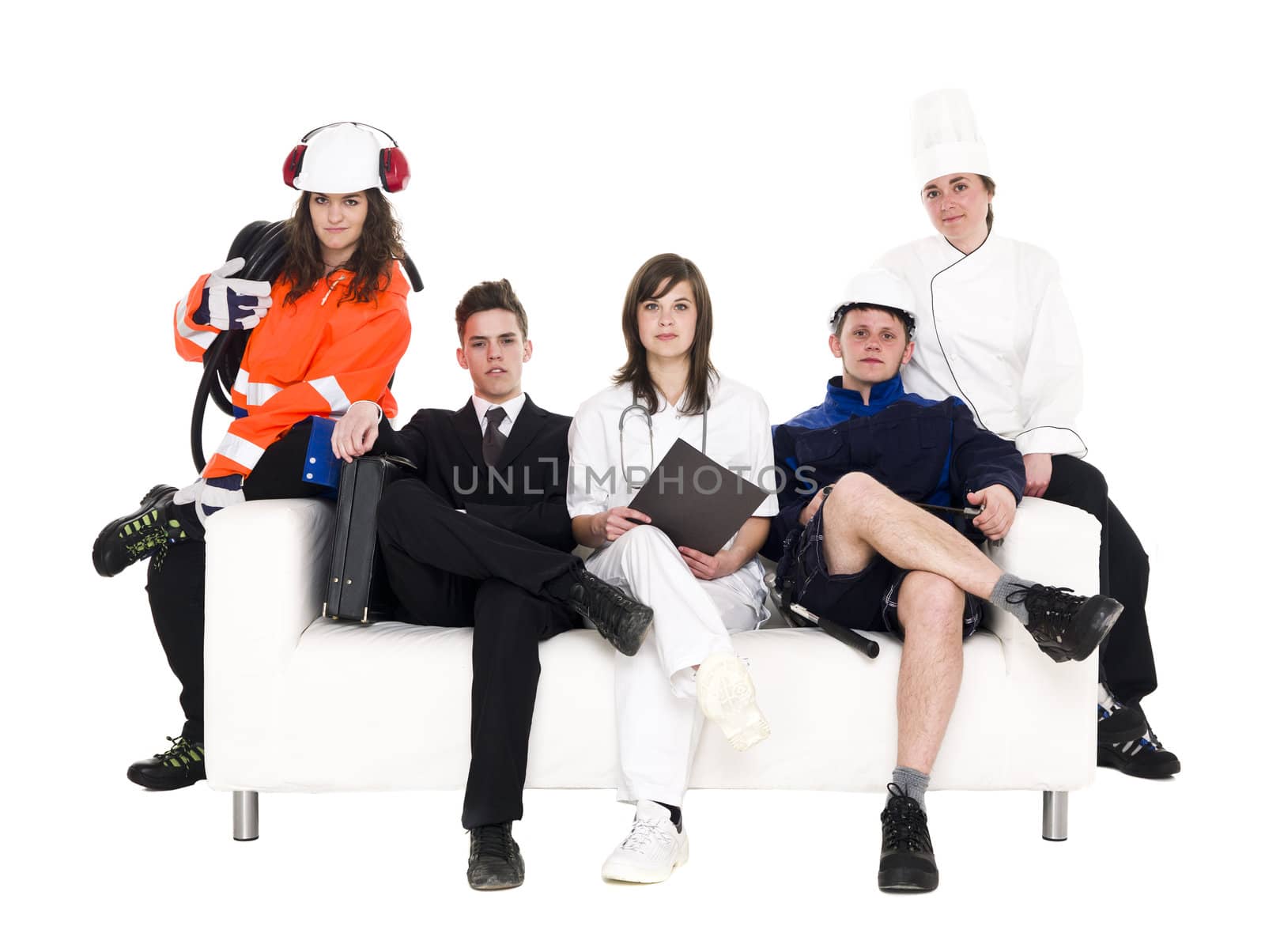 Group of people with different occupation sitting in a sofa isolated on white background