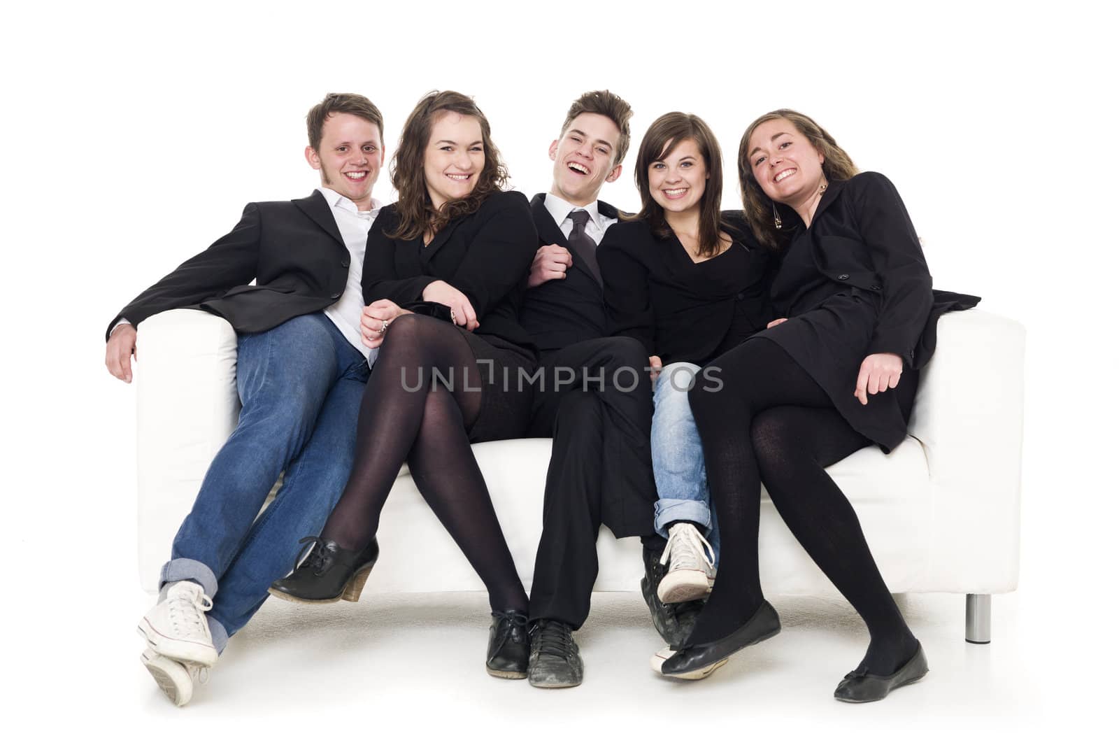 Group of people in a sofa isolated on white background