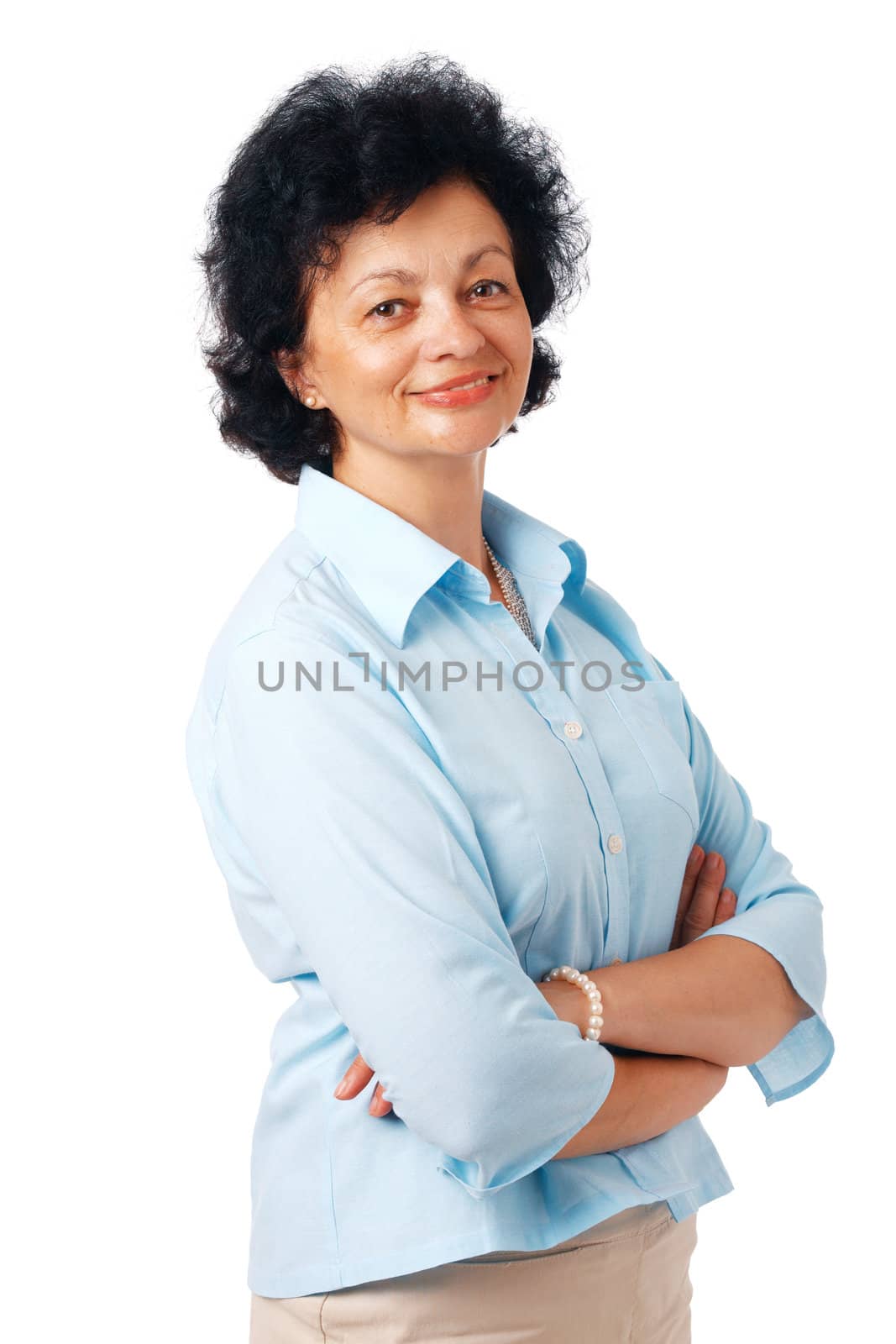 Confident senior woman standing over white background 