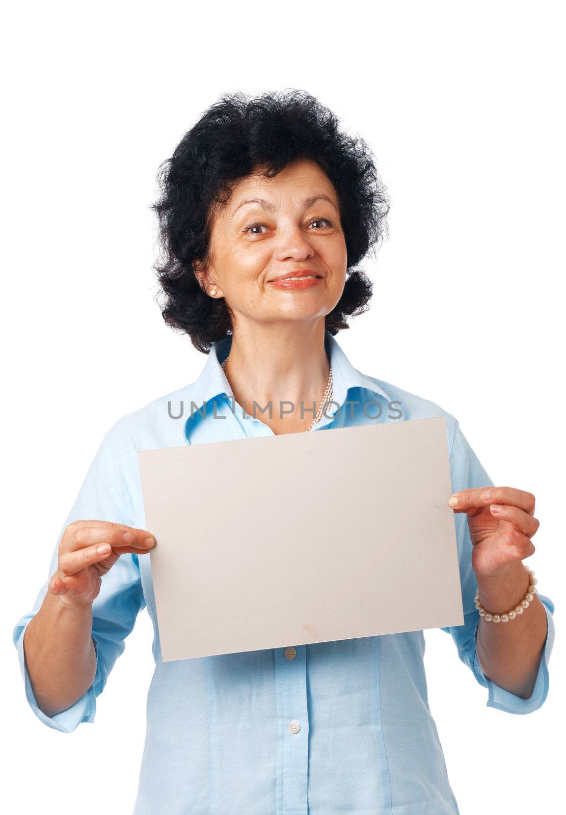An elderly woman showing a blank billboard on white background 
