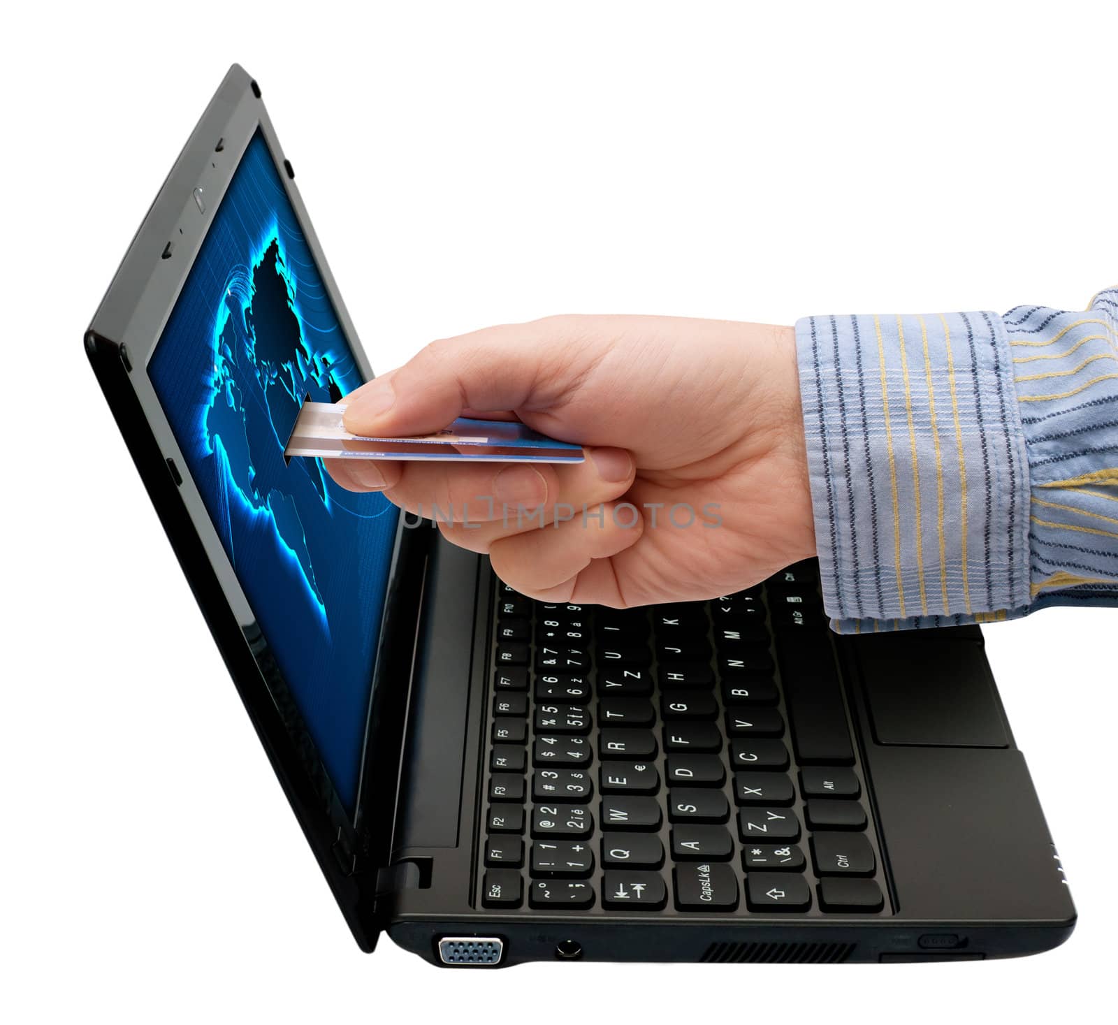 E-Commerce: Mans Hand With Credit Card and Notebook Isolated on White