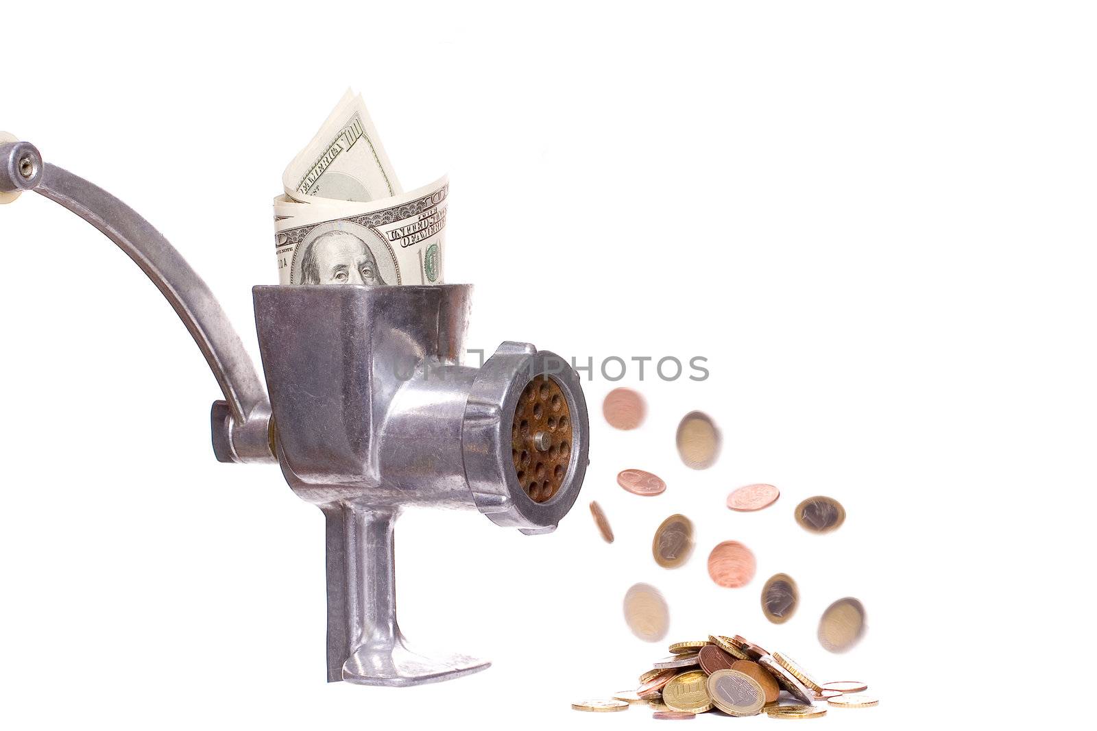 meat chopper with dollars on a white background
