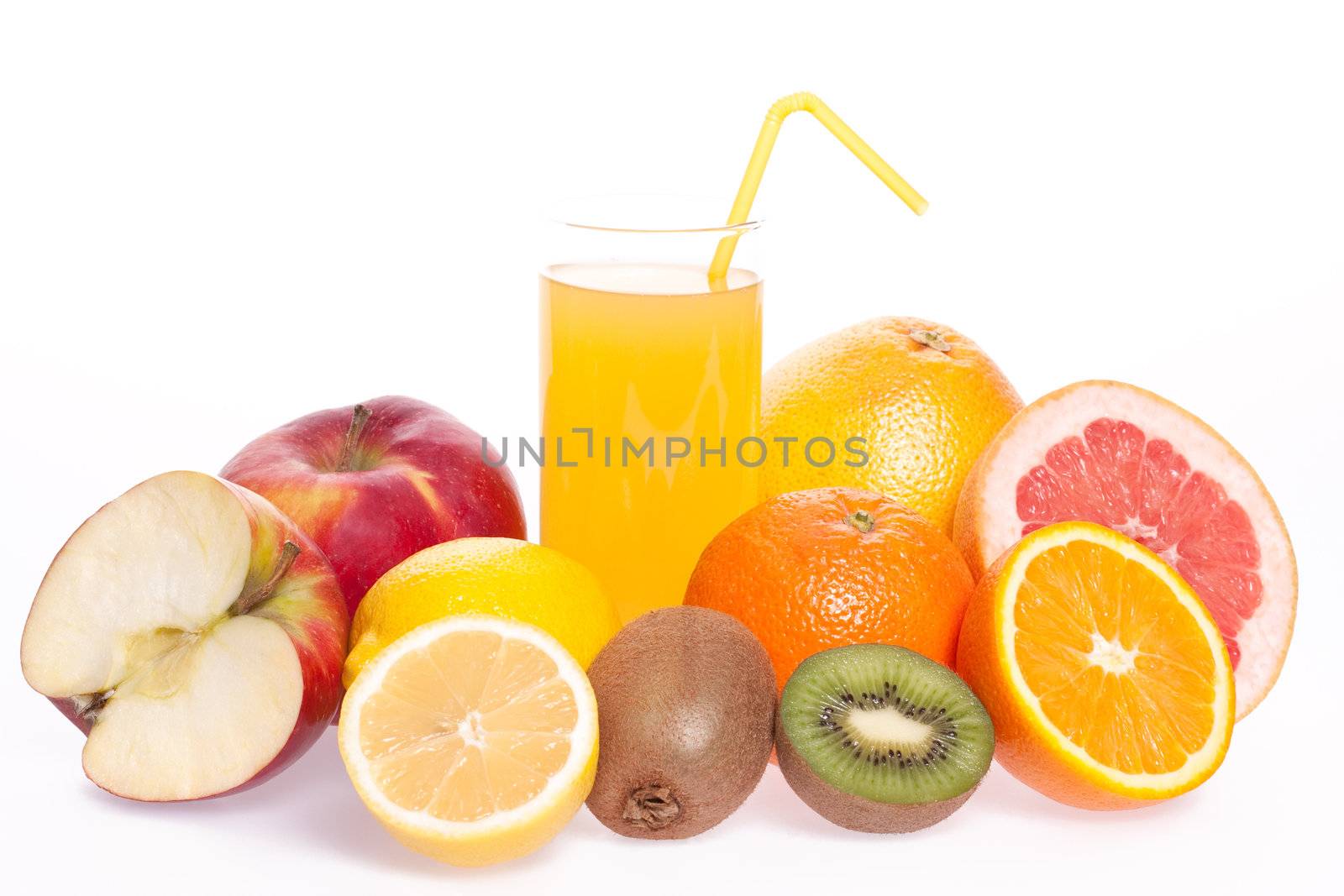 assorted fruit with a glass of juice on a white background